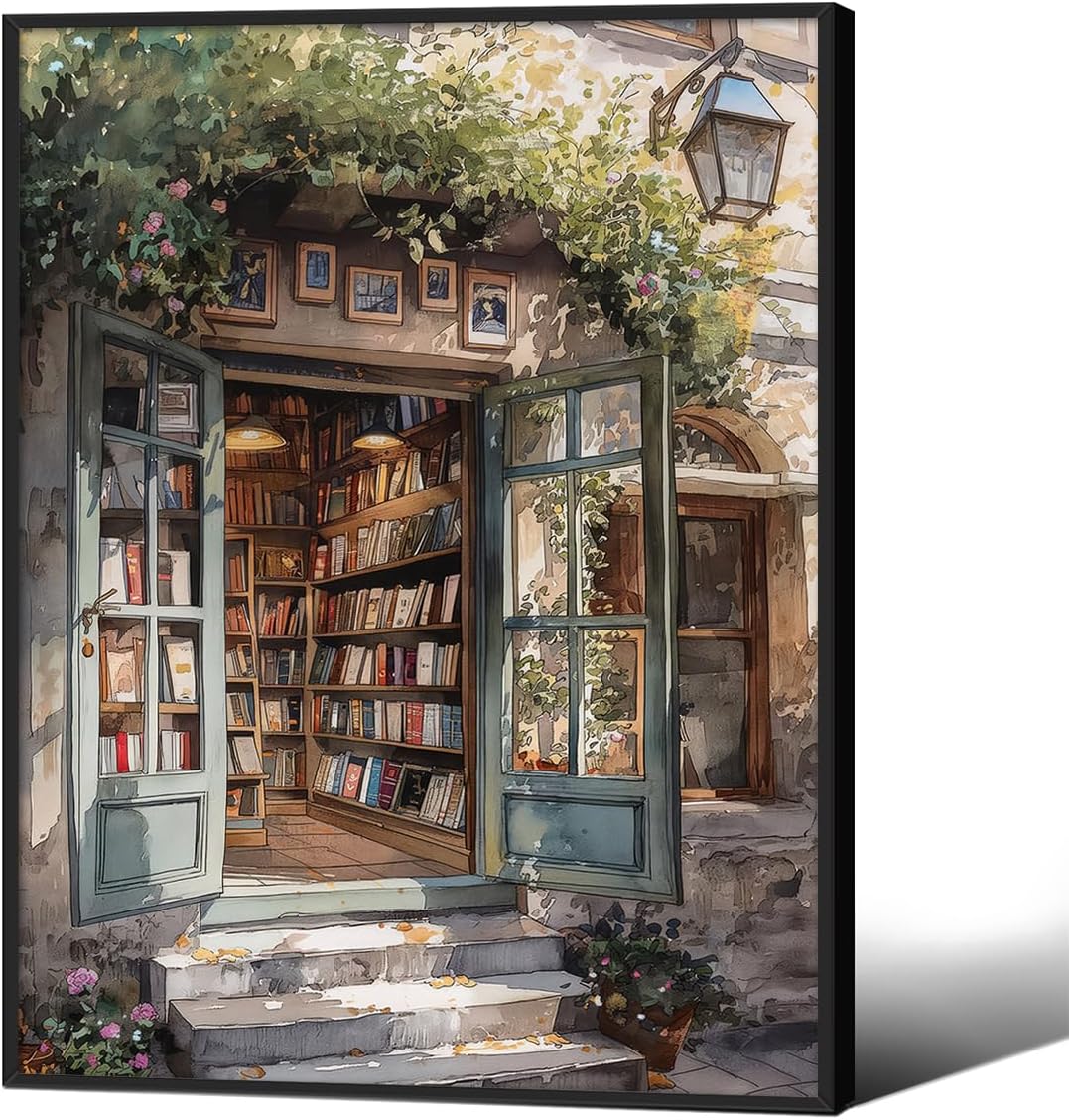 Old Antique Library Poster Book Store Reading Canvas Wall Art 12x16 inch Black Framed Vintage Bookish Botanical Paintings Aesthetic Prints Gallery Book Shop Wall Decor