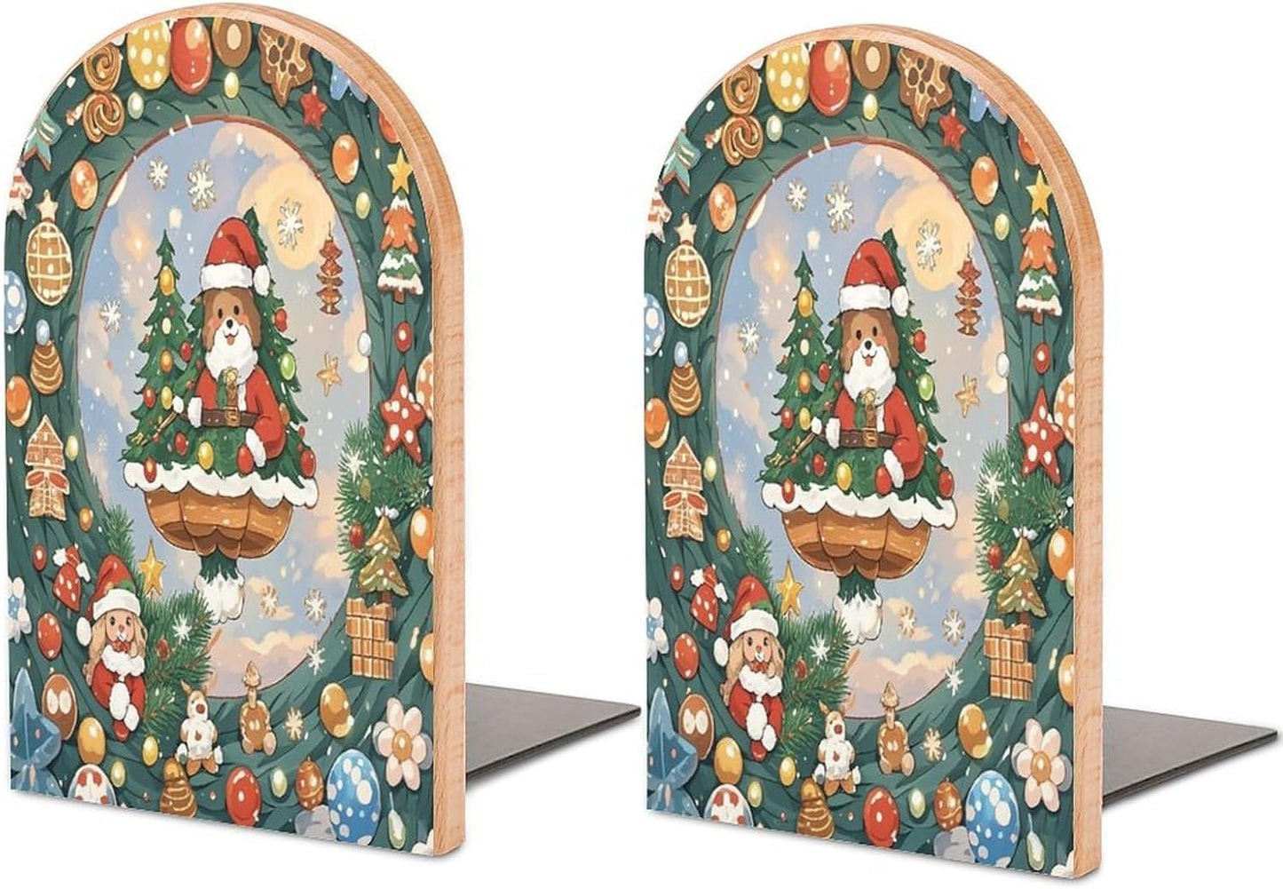 Christmas Aesthetic Bookends 1 Pair Heavy Duty Book Ends for Shelves Non-Skid Bookend Supports Wooden Book Holders with Metal Base Desk Organizers Books Storage to Hold Books