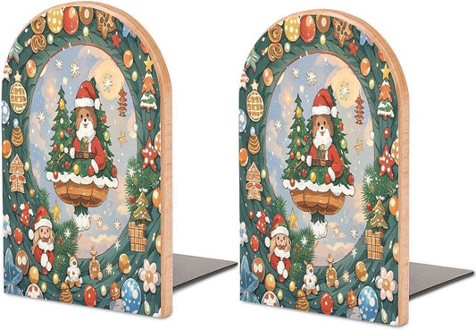 Christmas Aesthetic Bookends 1 Pair Heavy Duty Book Ends for Shelves Non-Skid Bookend Supports Wooden Book Holders with Metal Base Desk Organizers Books Storage to Hold Books