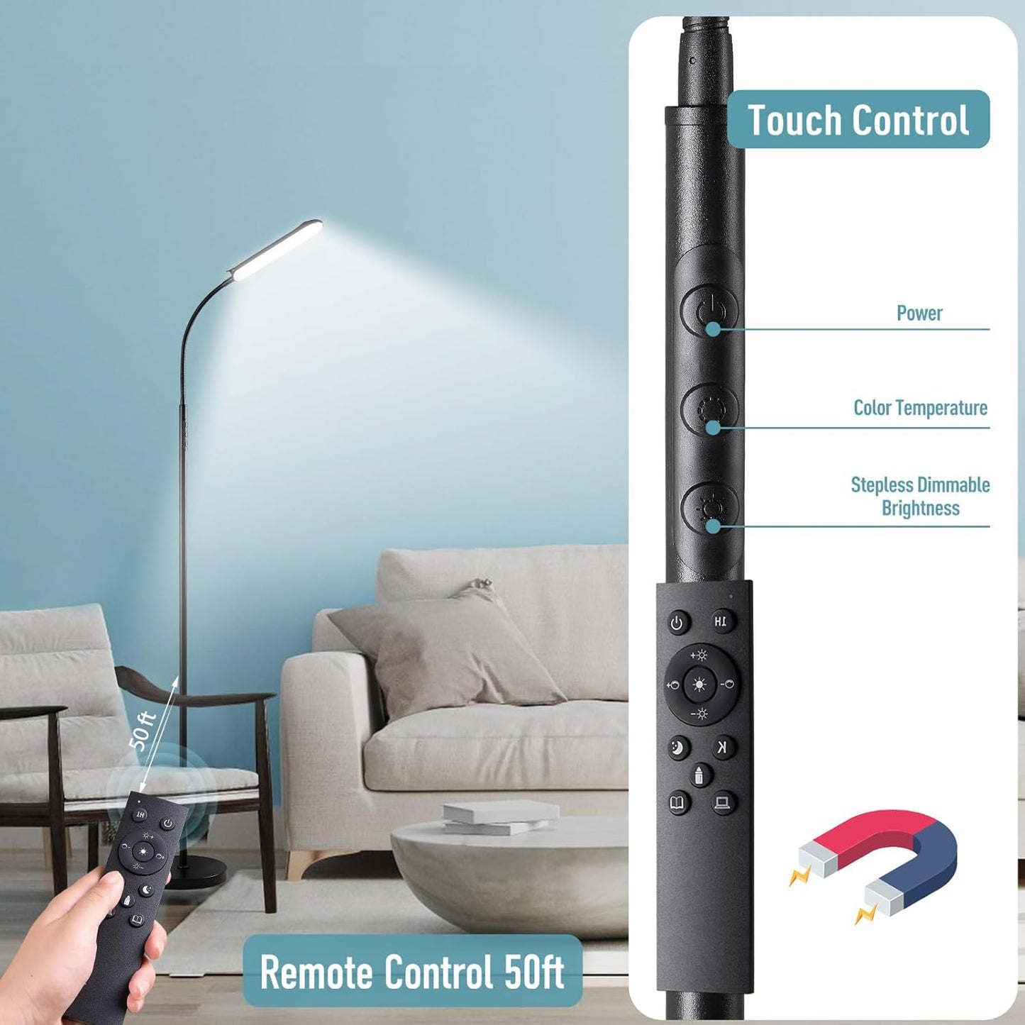 Floor Lamp 2 Pack, 18W 1800LM Bright LED Floor Lamp with 2 Remotes & Works with Smart Plug, Dimmable Timing Eye Caring Standing Reading Floor Lamps for Living Room Bedroom Office