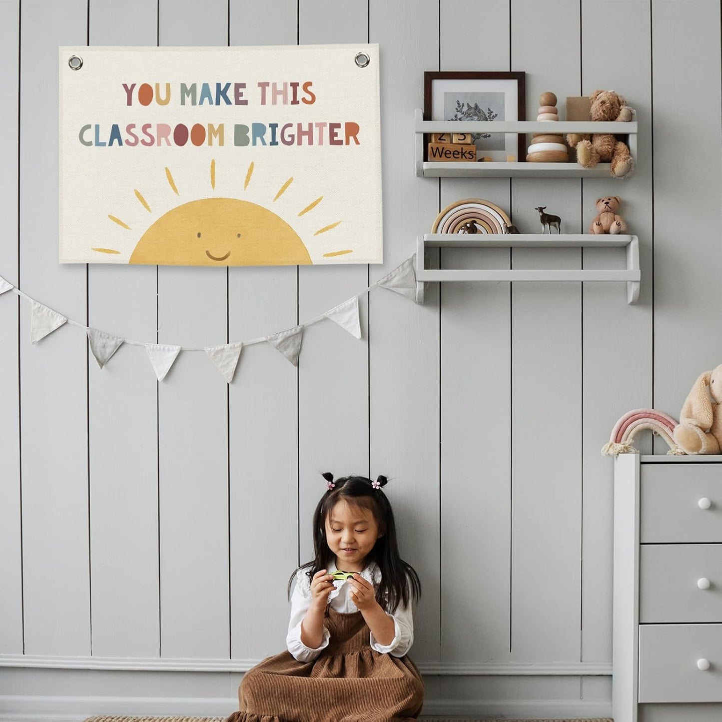 Classroom Sun Kids Banner Canvas, You Make This Classroom Brighter Toddler Room Decor, Inspirational Educational Hanging Flag Sign, Nursery Wall Tapestry Art for Playroom School Decor 20x30in