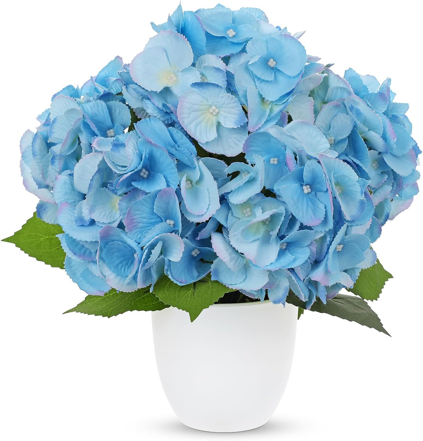 13" Artificial Hydrangea Flowers Plant in White Pot, Faux Hydrangeas Plants for Coastal Home Office Indoor Outdoor Decor, Realistic Floral Arrangement for Side Table, Porch & Entryway, Pale Blue