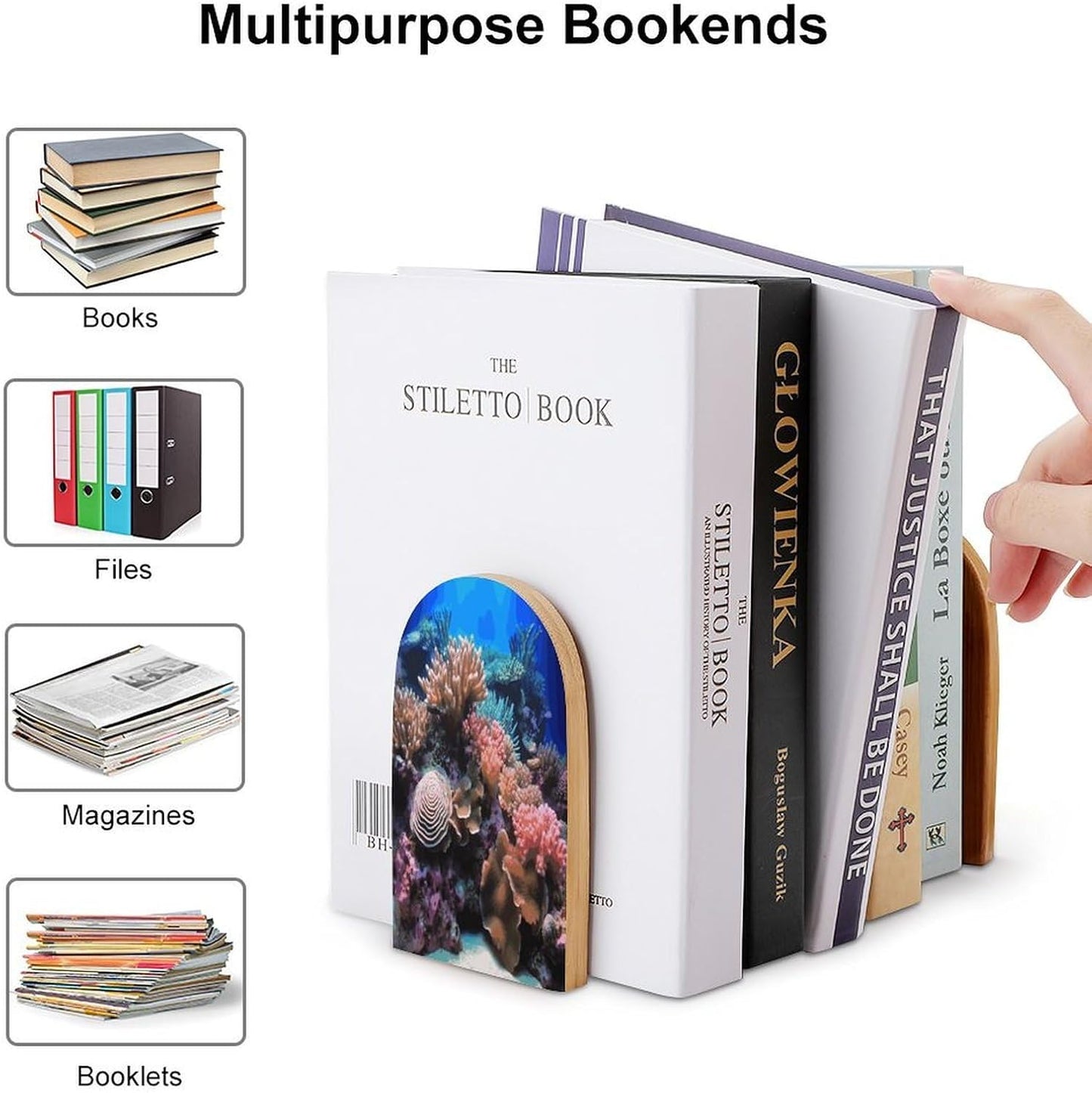 Underwater World Coral Bookends 1 Pair Heavy Duty Book Ends for Shelves Non-Skid Bookend Supports Wooden Book Holders with Metal Base Desk Organizers Books Storage to Hold Books