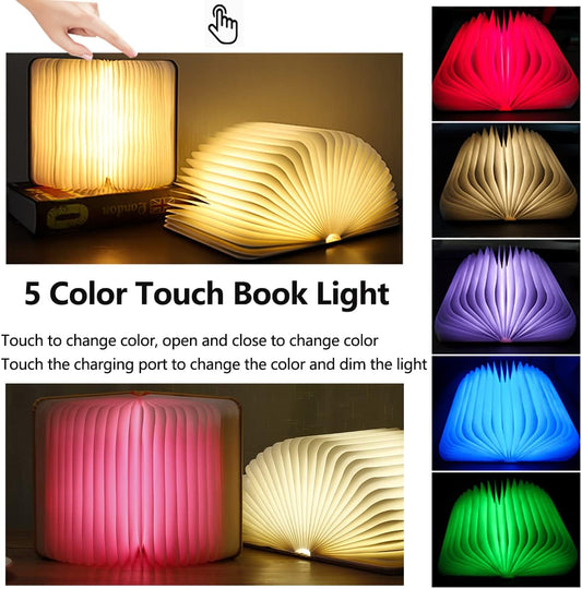 Folding Book Lamp Mood Light, 5 Colors Novelty LED Night Light Book-Shaped Desk Light, USB Rechargeable Wooden Bedside Table Lamp for Home Decor Birthday Gift