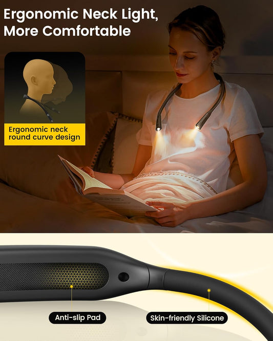 Glocusent Lightweight Neck Light for Reading in Bed, 1200mAh Rechargeable Book Light, Hands-Free Reading Light, 5 Colors, 5 Brightness Adjustable, Private Bedtime Reading for Book Lover