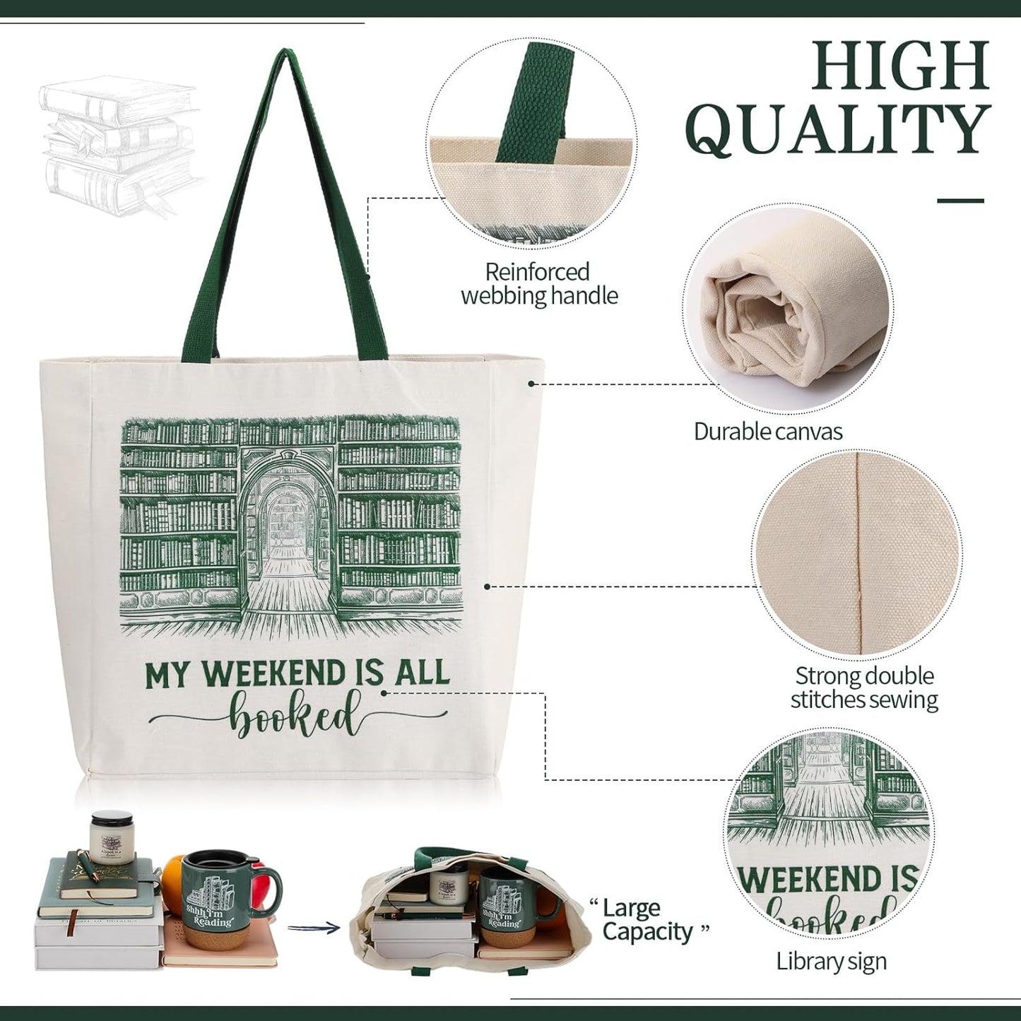 Moinchore Set of 5 Book Lovers Gifts for Reader Canvas Tote Bag Journal Notebook and Ballpoint Pen Ceramic Coffee Mug with Cork Bottom Scented Candle for Teen Teacher Librarian Bookish Author (Green)