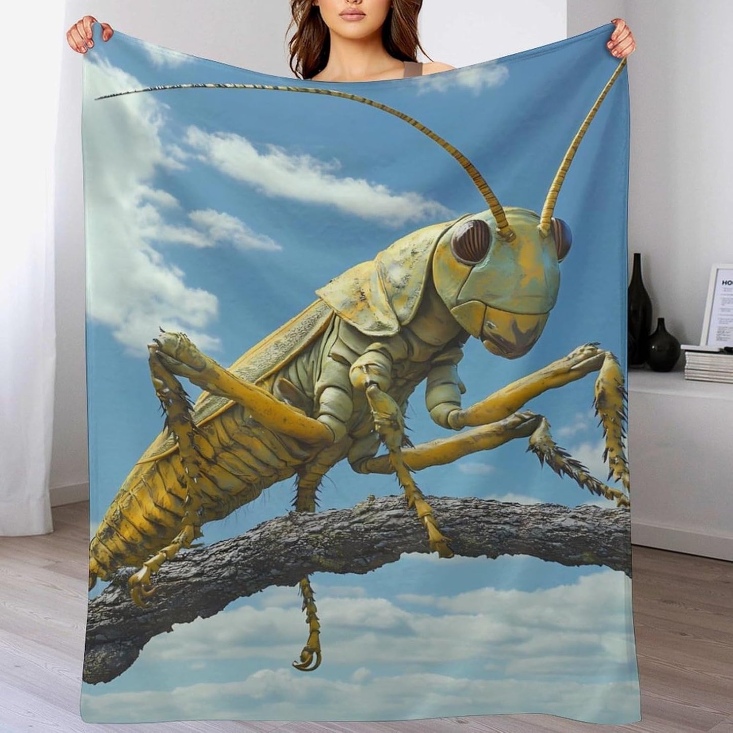 Blue Skys Grasshopper Insect Throw Blanket for Couch Bed Plush Cozy Fuzzy Flannel Blanket for All Season 66"x90"