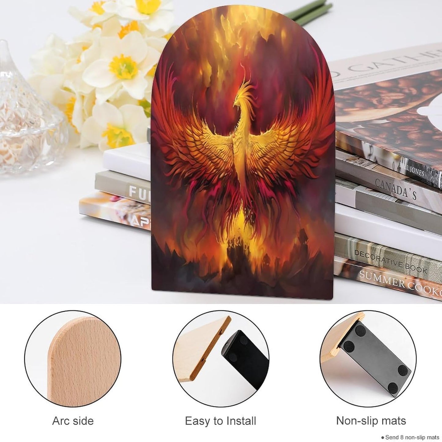 Fantasy Phoenix Wooden Bookend Non-Slip Book Ends Heavy Duty Book Stopper with Metal Base Books Holderd Decorative Bookends Stands Firmly for Office Supplies