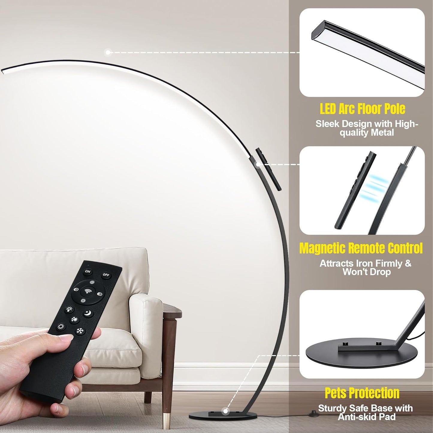 Dimmable LED Lamps for Living Room with 3 Color Temperatures, Ultra Bright 2000LM Arc Floor Lamps, Modern Standing Tall Lamp with Remote Control Reading Floor Lamp for Bedroom Office Classroom