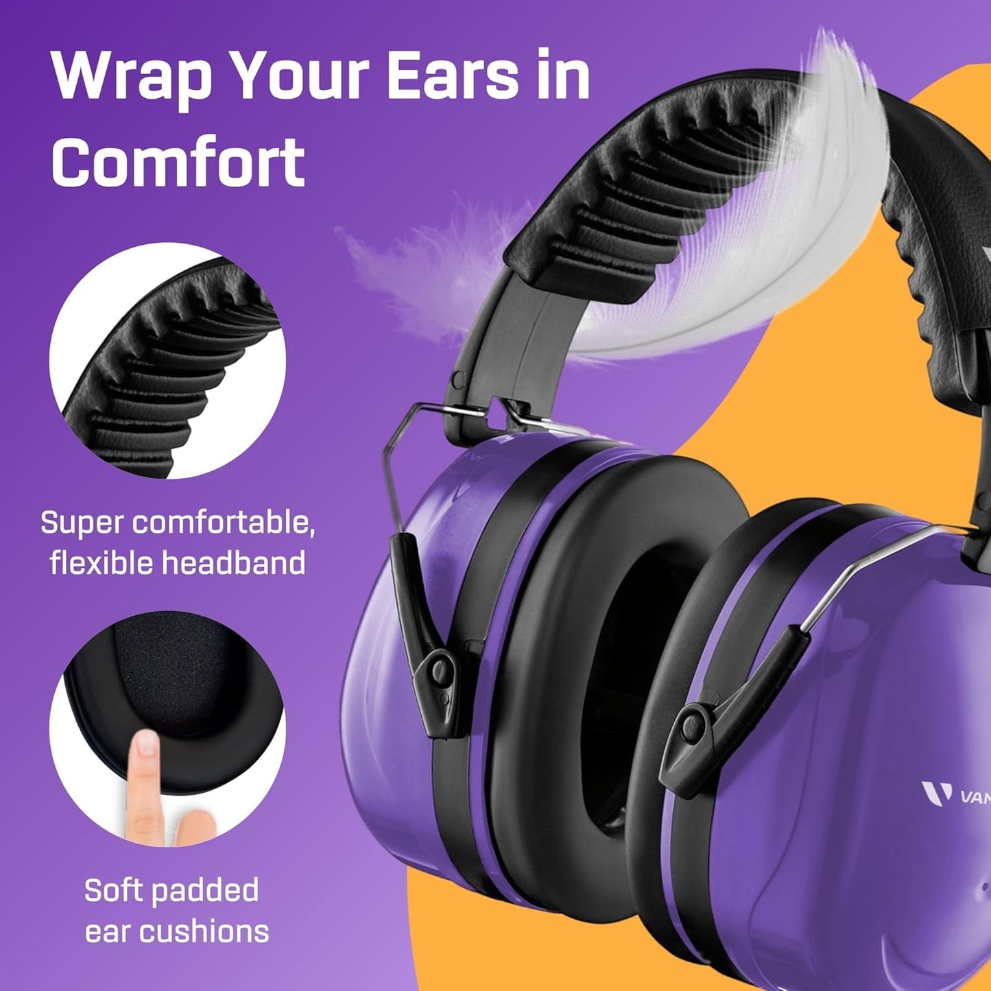 Vanderfields Premium Hearing Protection Ear Muffs - Broad Spectrum Sound Reduction 36.1dB at 2K Hz Noise Cancelling - Headset Safety Noise Cancellation - Headphones Adults and Teens - Purple Power