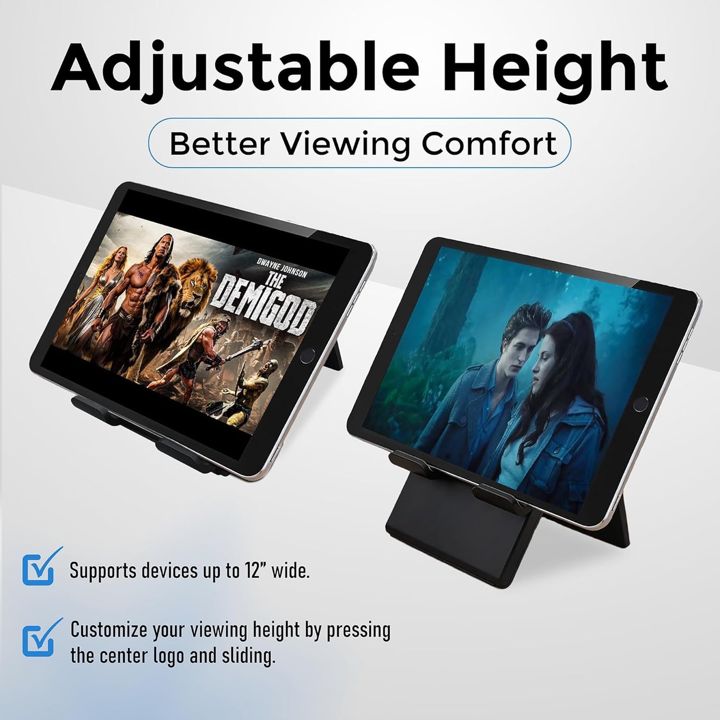 Tablet Stand, Adjustable Height, Phone Stand, Tablet Stand for Desk, Devices up to 12", Charging Slot, Foldable, Silicone Padding, Compatible with iPad/iPhone, Fits Tablets and Phones