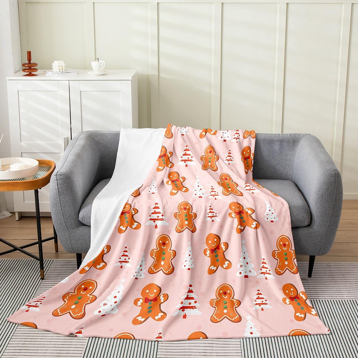 Feelyou Kids Merry Christmas Plush Throw Blanket, 40"x50" Gingerbread Man Snowman Blanket for Sofa Couch Teens Decor Pink Xmas Tree Flannel Fleece Blanket Christmas