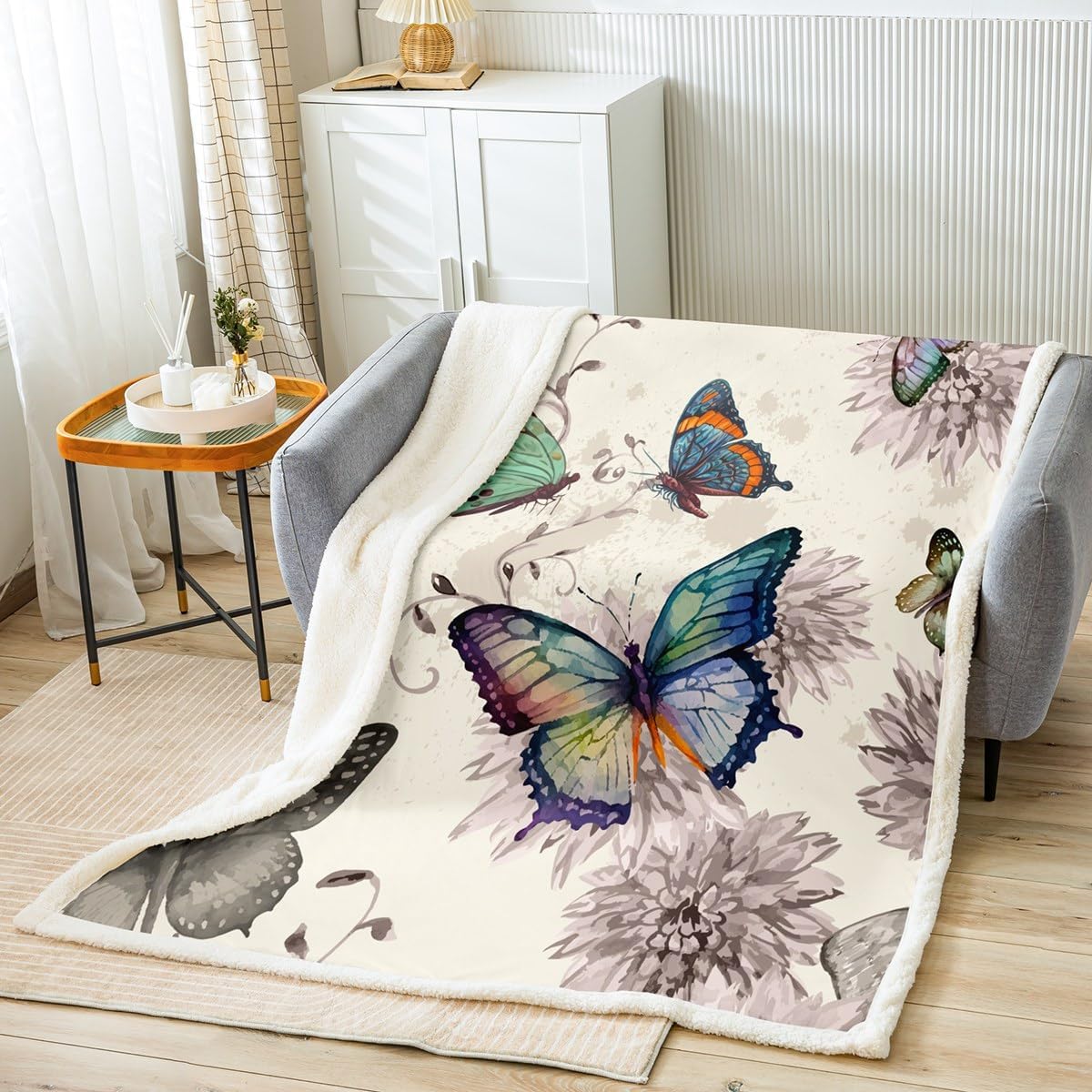 Erosebridal Butterfly Plush Bed Blanket Watercolor Flower Throw Blanket Queen 90"X90" for Women Girls Teens Colorful Butterfly Floral Sherpa Blanket Vintage Grunge Style Fleece Flanket Bedroom Decor
