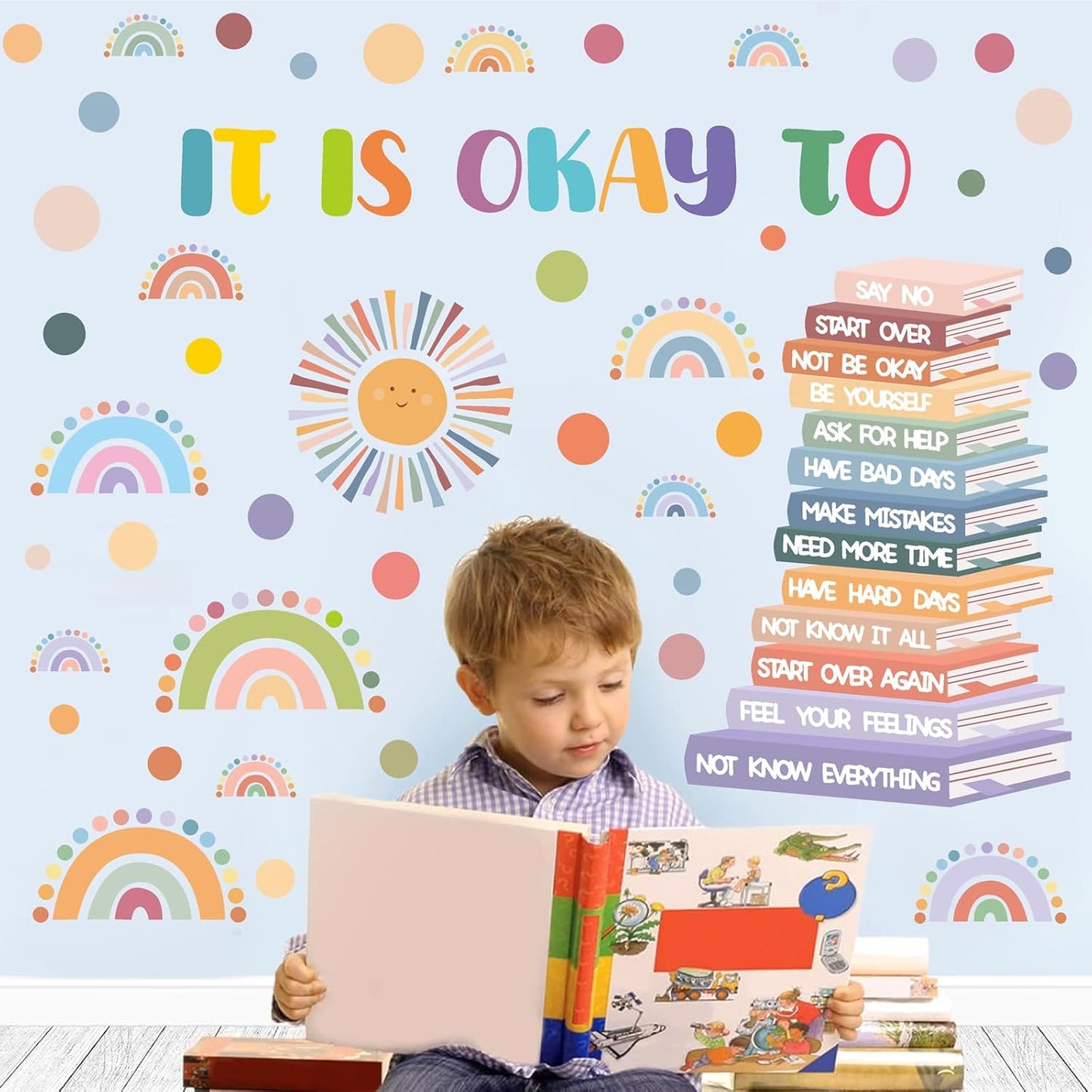 Kids Inspirational Wall Decals Motivational Quotes Wall Stickers Peel and Stick Reading Wall Decals Watercolor Polka Dots Rainbow Sun Wall Stickers for Nursery Classroom Playroom Reading Room Decor