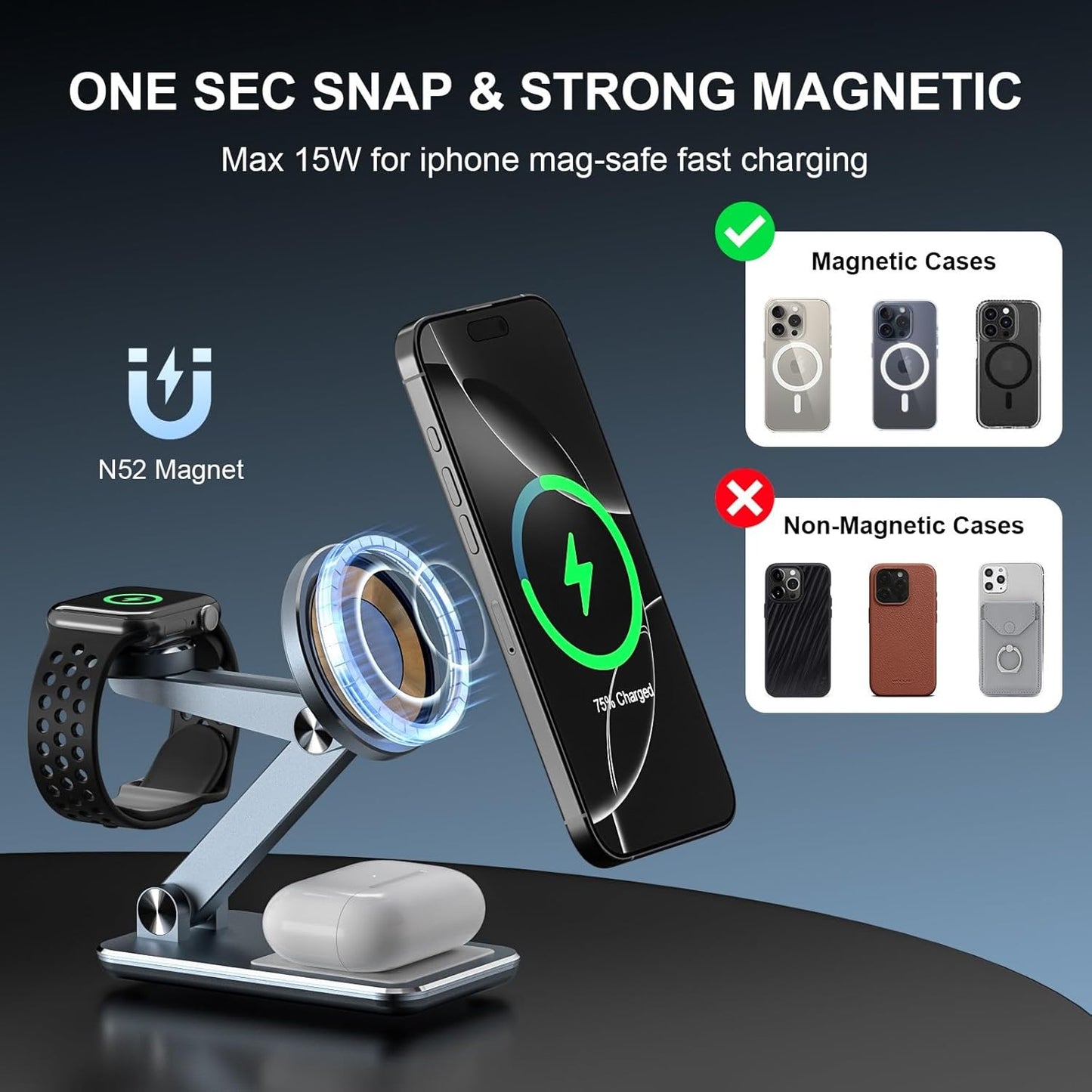 Wireless Charger 3 in 1,Foldable Wireless Charging Station for Apple MagSafe Charger,Aluminum Portable Magnetic Travel Charger Stand for iPhone,Watch,Aipods (with 20W Adapter & Case)