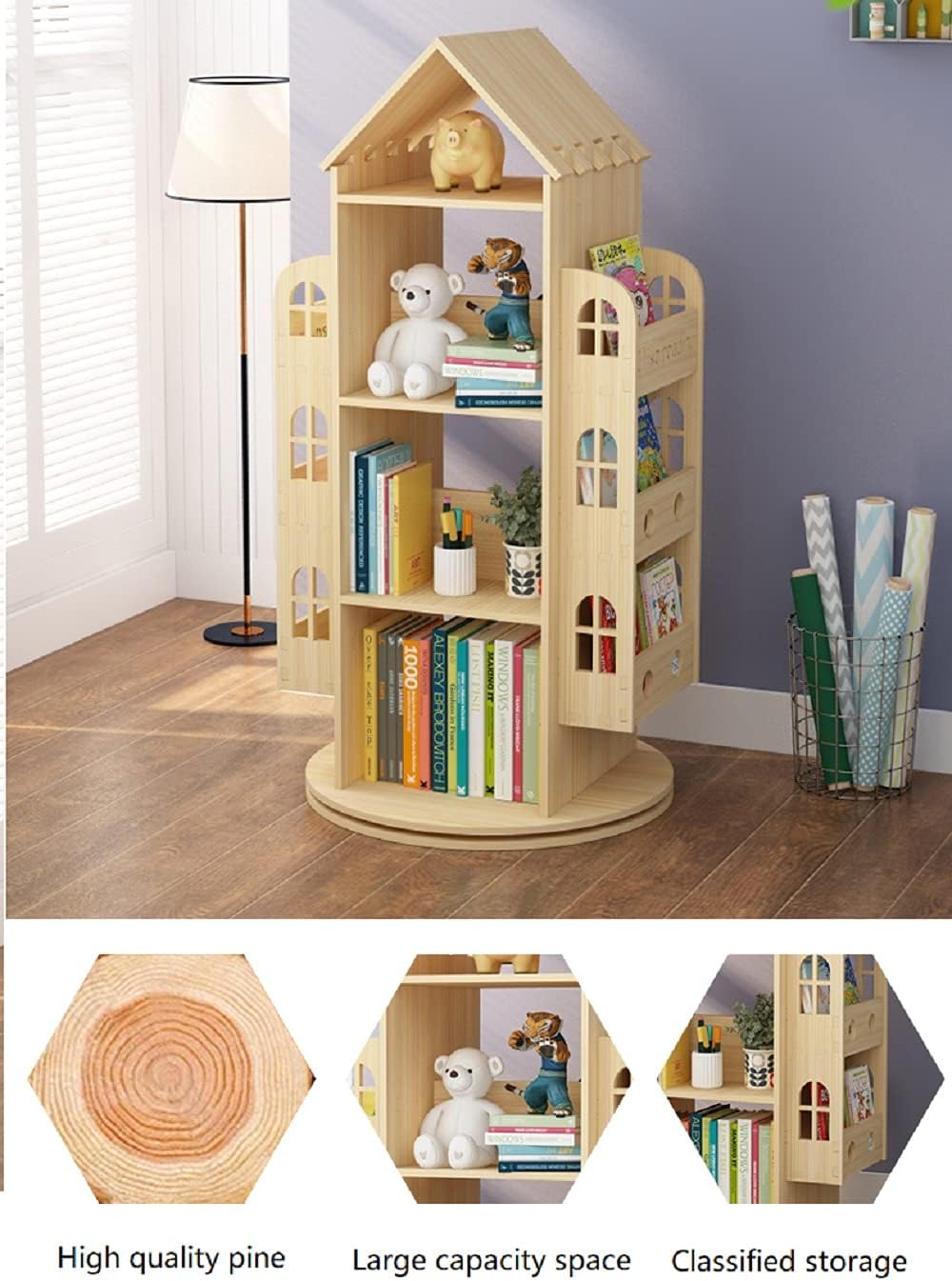 Heehee Rotating Bookshelf 360 Display Floor Standing Bookcase Storage Rack Children's Bookshelf, Wood Book Shelf Organizer Stand for Kids, Storage Book Display Case Bookrack