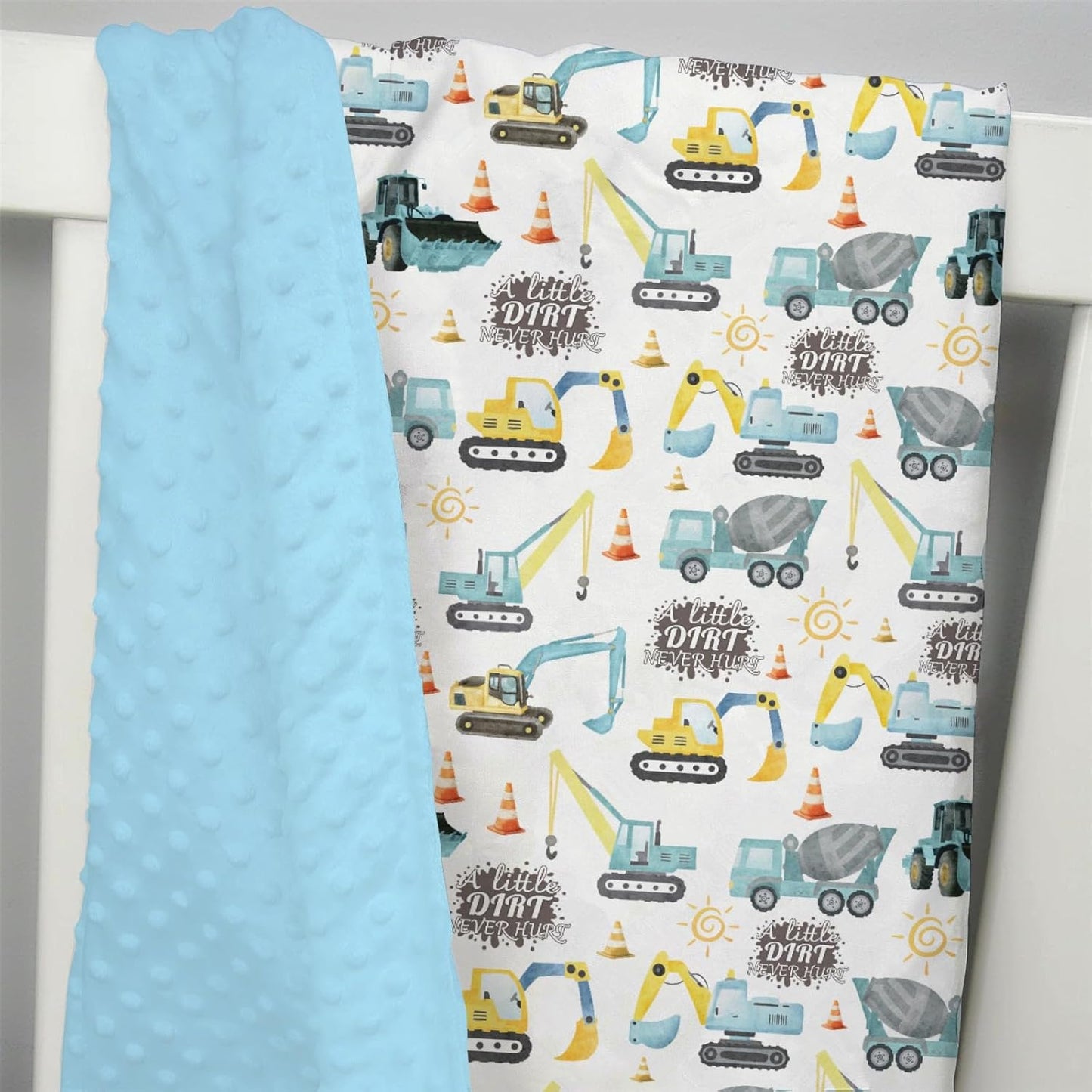 Mink Baby Boy Blankets Blue Yellow Construction Vehicle, A Little Dirt Never Hurt Double Layer Dotted Backing Receiving Swaddle, Newborn Infant Toddler Nursery Crib Bedding Shower Gift 30 x 40