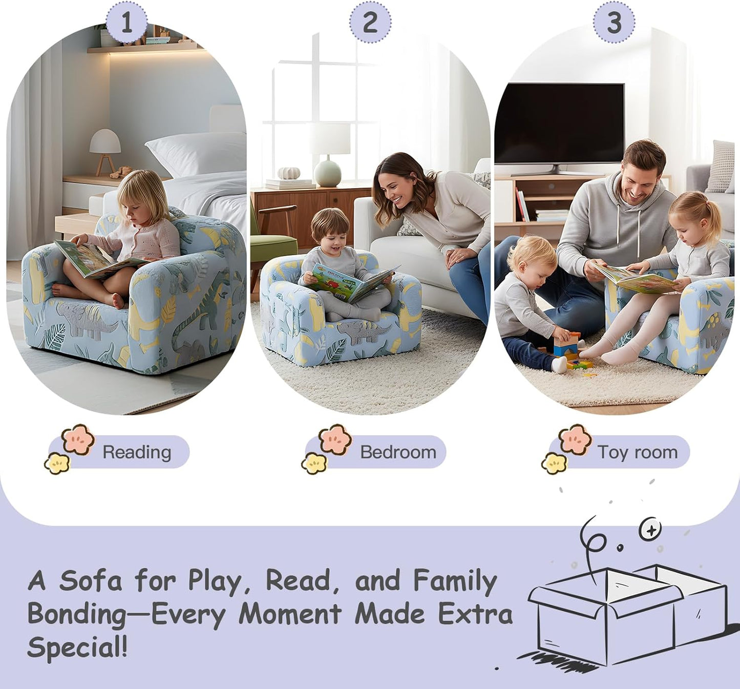 Tiita Kids Sofa, Childrens Couch with Carry Handle, Portable Toddler Foam Sofa Couch, Glow in The Dark Nursery Kids Couch, Lightweight Kids Chair for Playroom, Dorm Room, Small Space, Grey Dinosaur