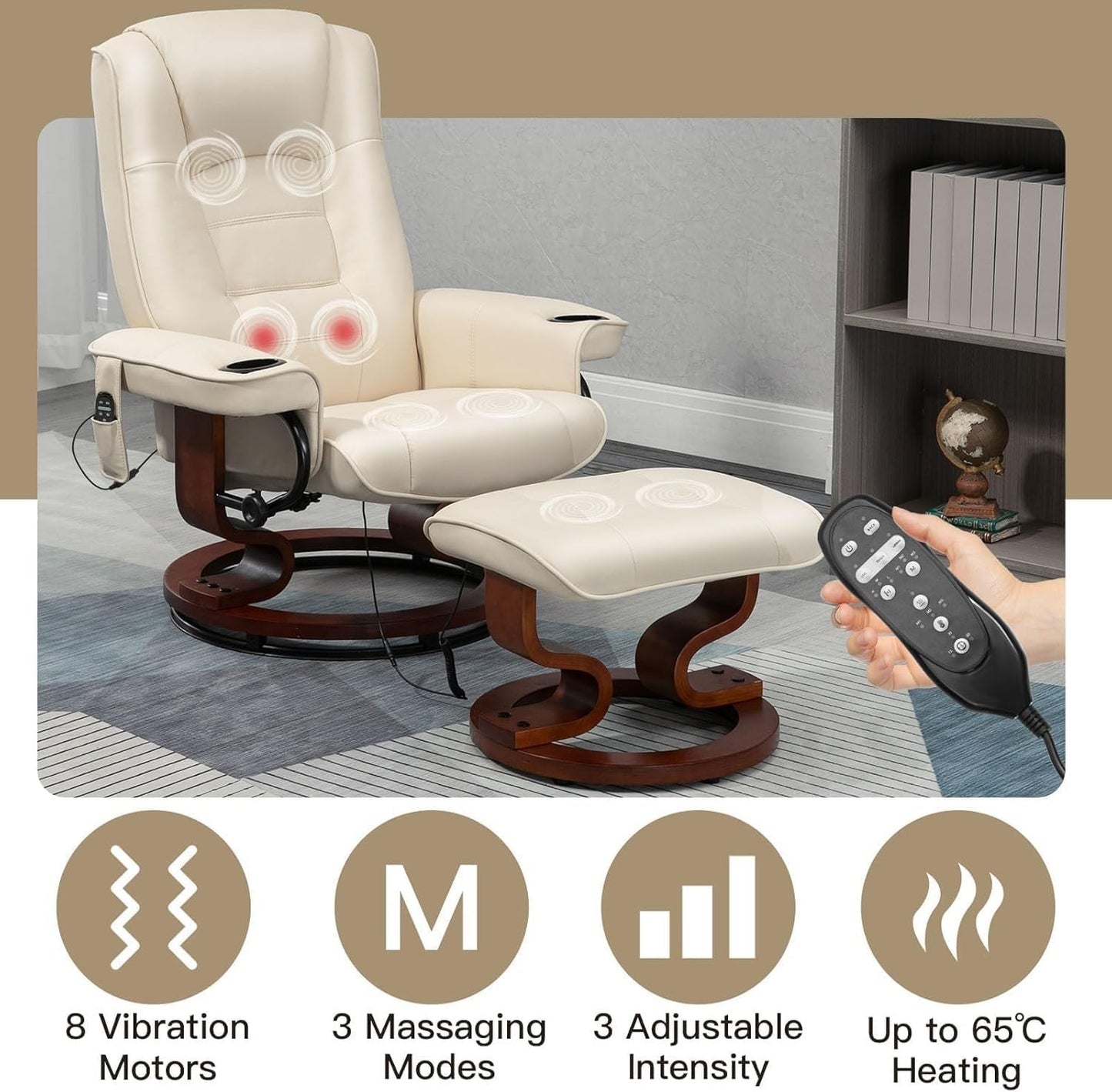 Electric Massage Recliner Chairs with Ottoman Footrest Adjustable Back Faux Leather Swivel Lounge Chair for Living Room Office Bedroom Furniture