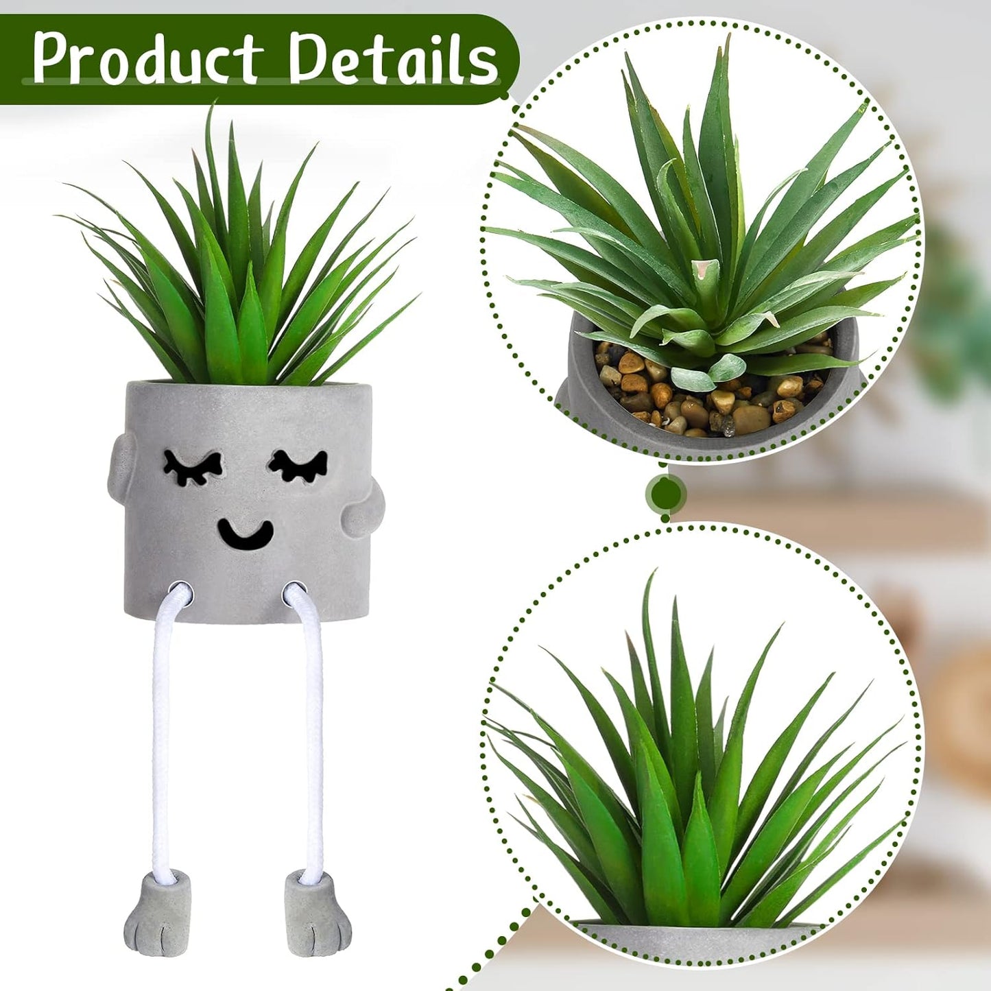 Artificial Potted Plant Faux Succulent Plant Cubicle Decor Cute Fake Desktop Plant Hanging Leg Cement Potted Decor for Bookshelf Bedroom Living Room Office Decor (Simple Style,2 Pcs)