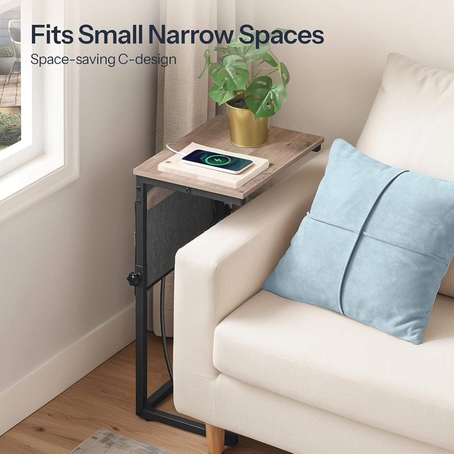 HOOBRO C Shaped End Table with Charging Station, 30” Adjustable Height Sofa Side Table with Storage Pocket, Slide Under Couch Table for Sofa Arm Tray, for Living Room, Bedroom, Greige BG77USF01
