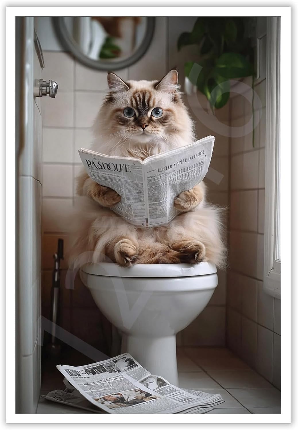 Cute Bathroom Cat Canvas Wall Art Funny Pets Cat Reading Newspaper On The Toilet Poster Funky Humorous Animal Pictures Prints Painting For Home Restroom Bathroom Wall Decor 12x16in Unframed