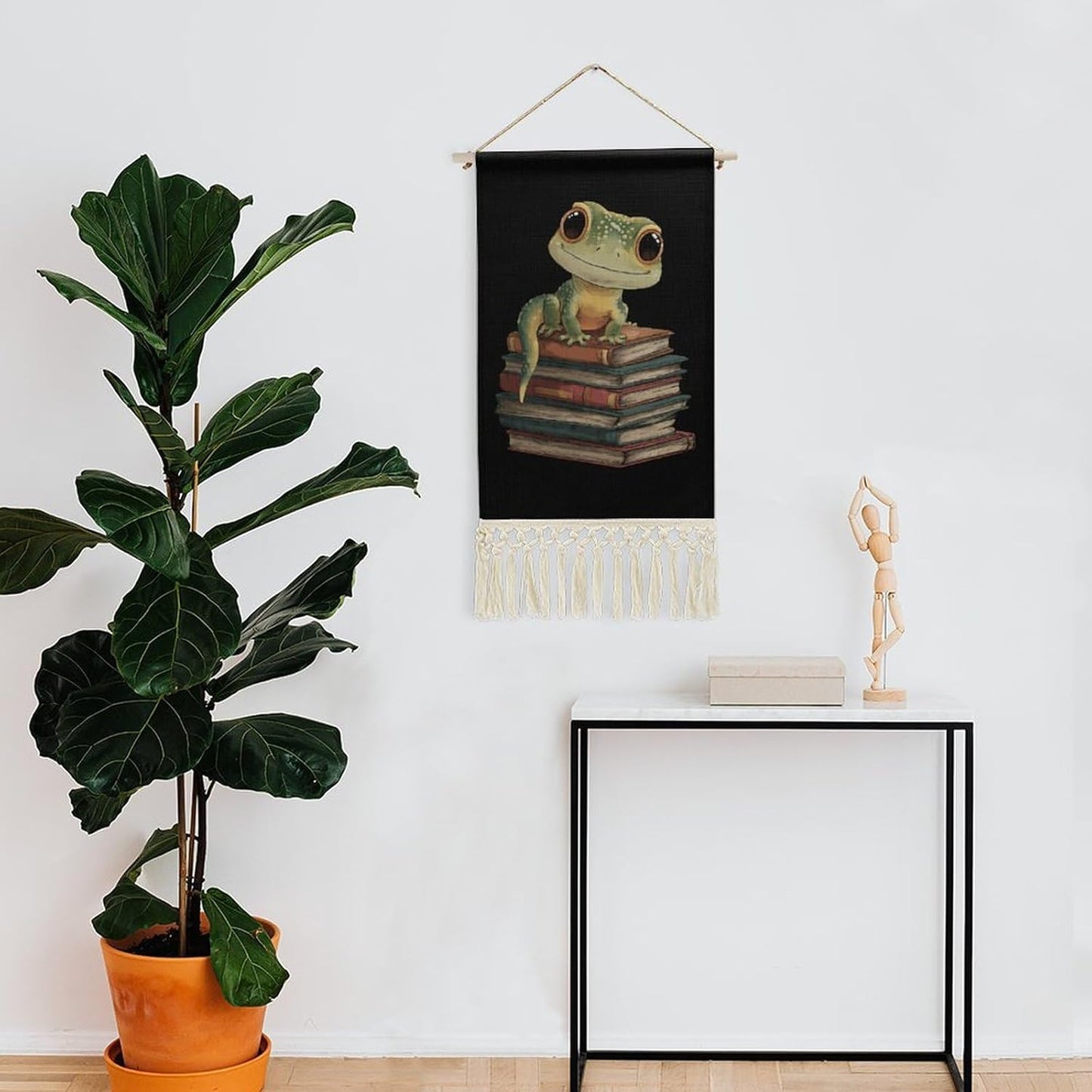 Leopard Gecko Reading Books Retro Poster Hanging Kit Art Picture Canvas Personalized Home Decor with Tassel