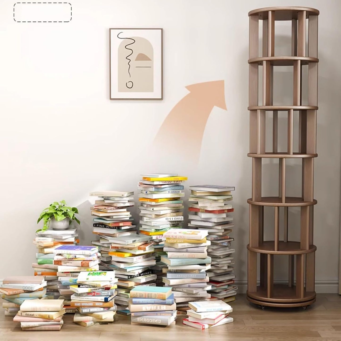 Walnut Rotating Bookshelf, 360 Display 6 Tier Floor Standing Bookcase Storage Rack Narrow Book Shelf Organizer for Bedroom, Living Room, Study Room
