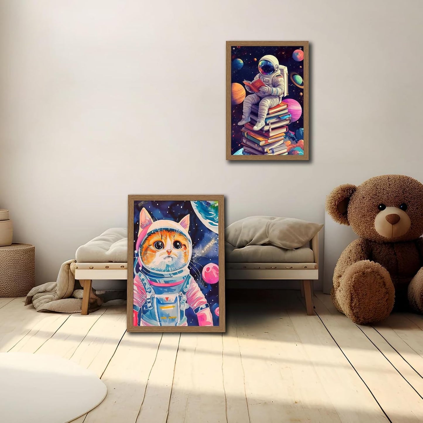 2Pcs Framed wooden Funny Cat Wall Art Astronaut Posters for Kids, Whimsical Cat In Space Canvas Printing Poster for Room Aesthetic, Colorful Kids and Nursery Art 12x16in
