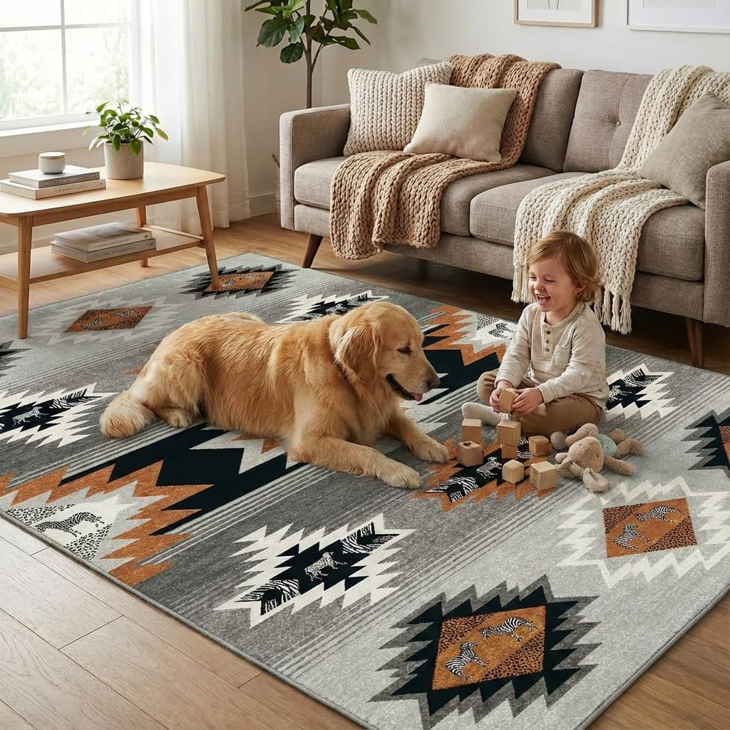 5x7 Area Rugs for Living Room: Gradient Gray & Terracotta Tribal Southwestern Zebra Geometric Area Rug Washable Non-Slip Backing for Living Room Bedroom Leisure Area Decor