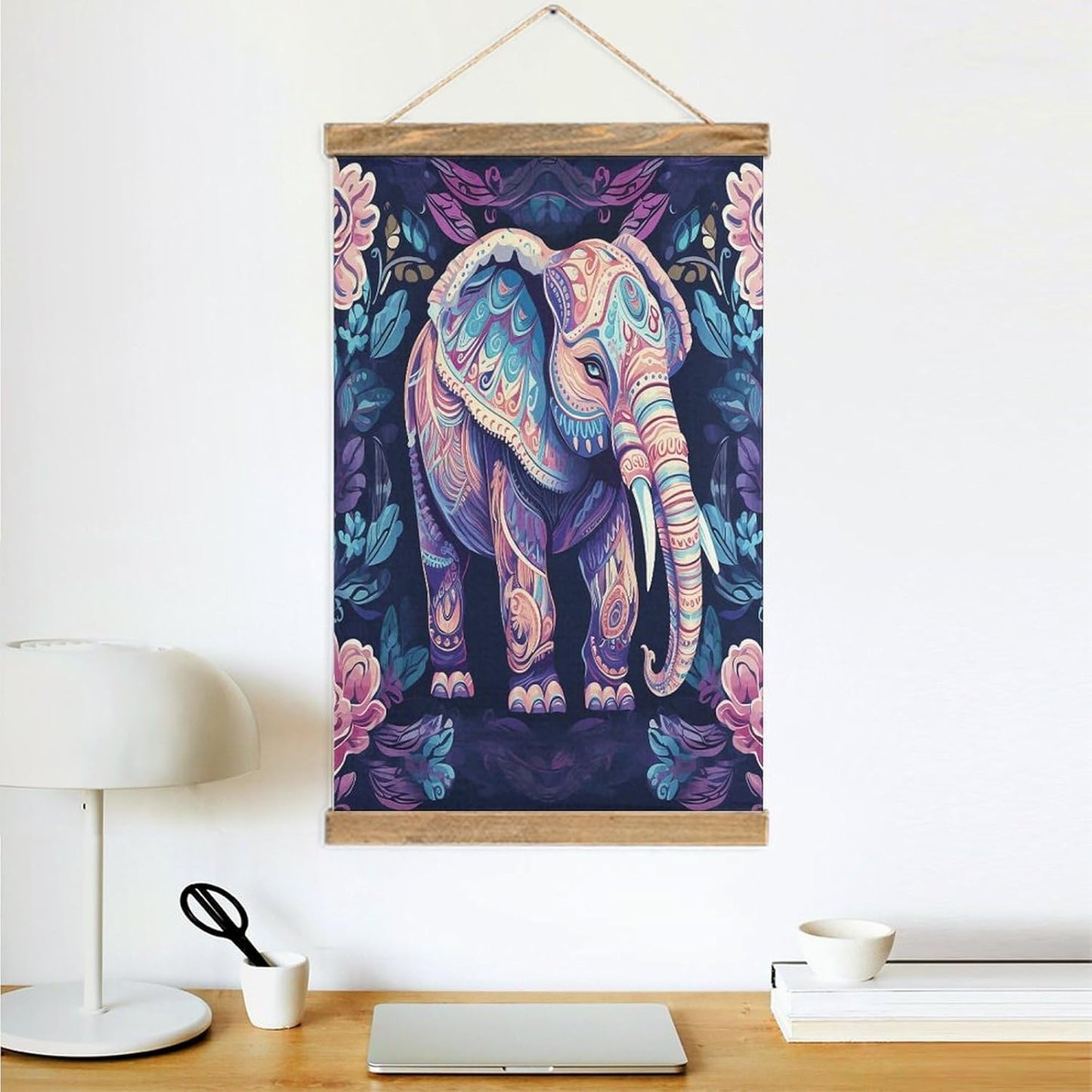 Vintage Purple Elephant Poster with Wooden Frame Personalized Linen Hanging Scroll Painting Rustic Wall Hanging Illustrative Modern Artwork Decor for Home Living Room Bedroom Office