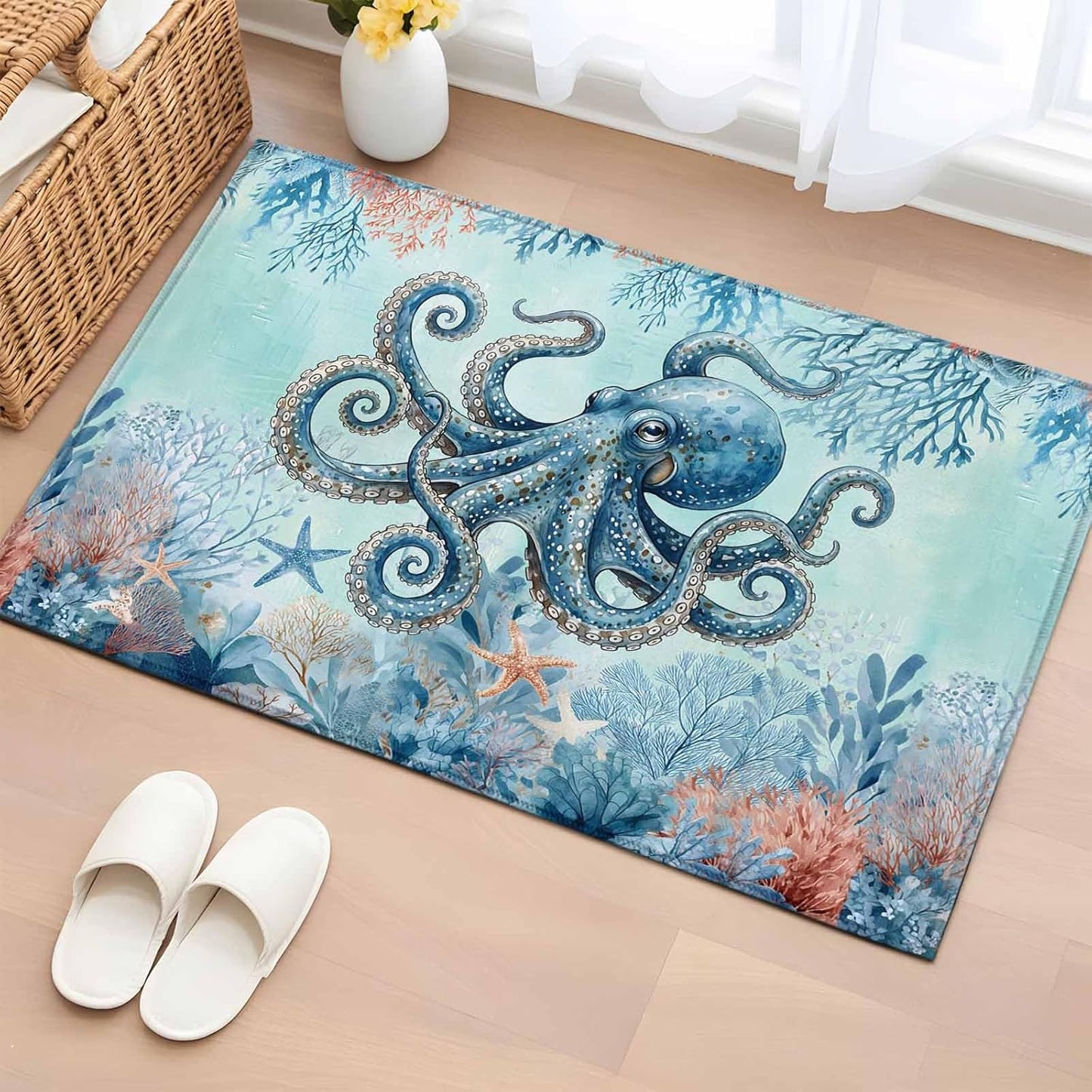 2x3 Ft Entryway Area Rug, Coastal Octopus Blue Kitchen Rug Runner Washable Floor Mat, Summer Beach Nautical Coral Starfish Non Slip Indoor Door Mat Throw Carpet for Bathroom Living Room