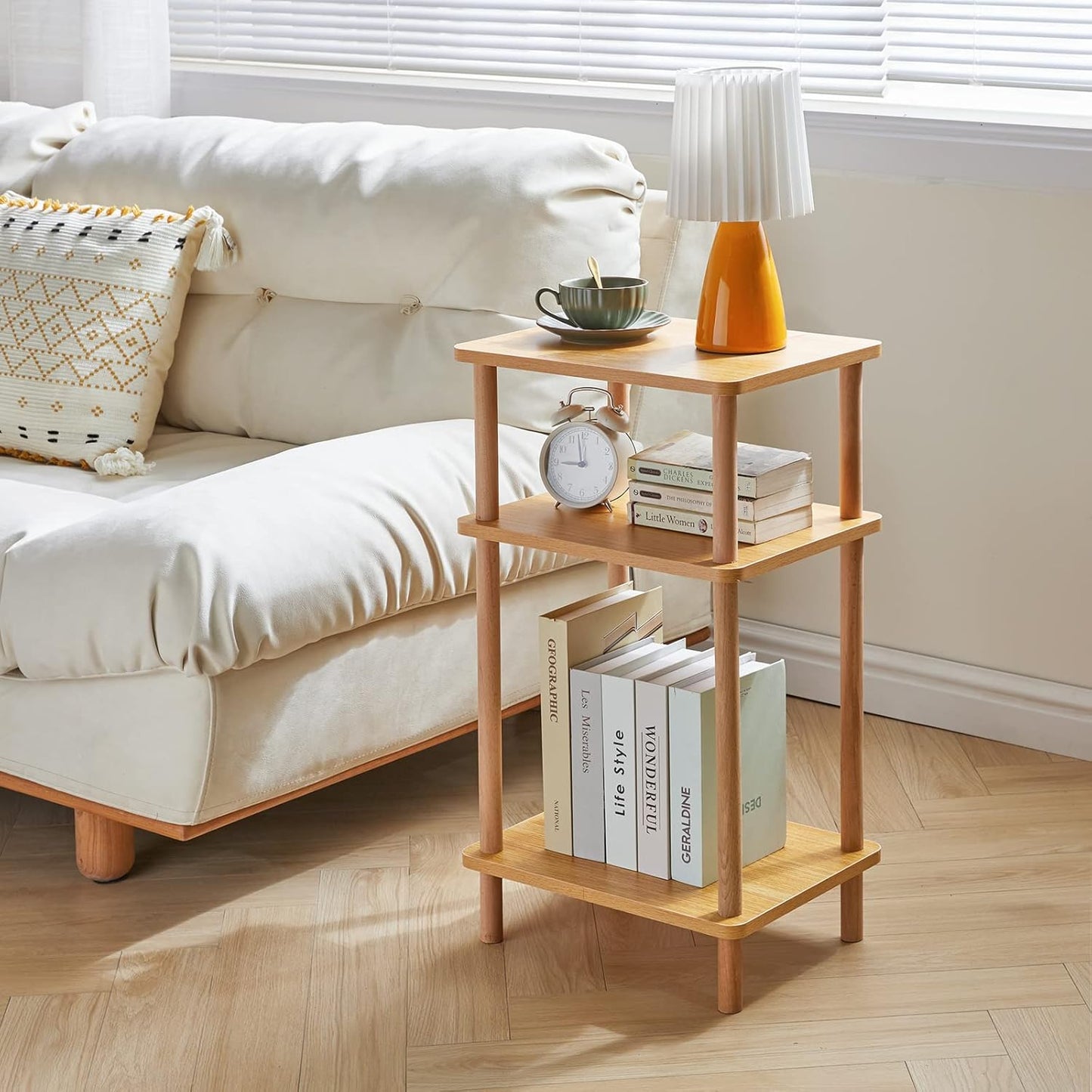 IBUYKE 3-Tier Side Table, Solid Wood Tall End Table with Storage Shelves, Nightstand Bedside Table for Living Room Bedroom Office, No-Tool Assembly, Natural UWST003N