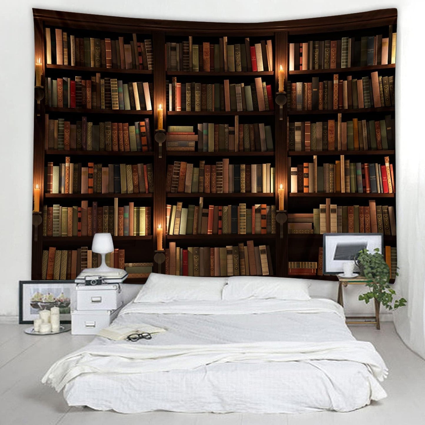 Old Bookshelf Candle Print Fabric Tapestry Decorative Wall Art Tablecloth Bedspread Picnic Blanket Beach Throw Blanket Multifunctional for Bedroom Hall Dormitory Living Room Hanging 79 x 59 inches