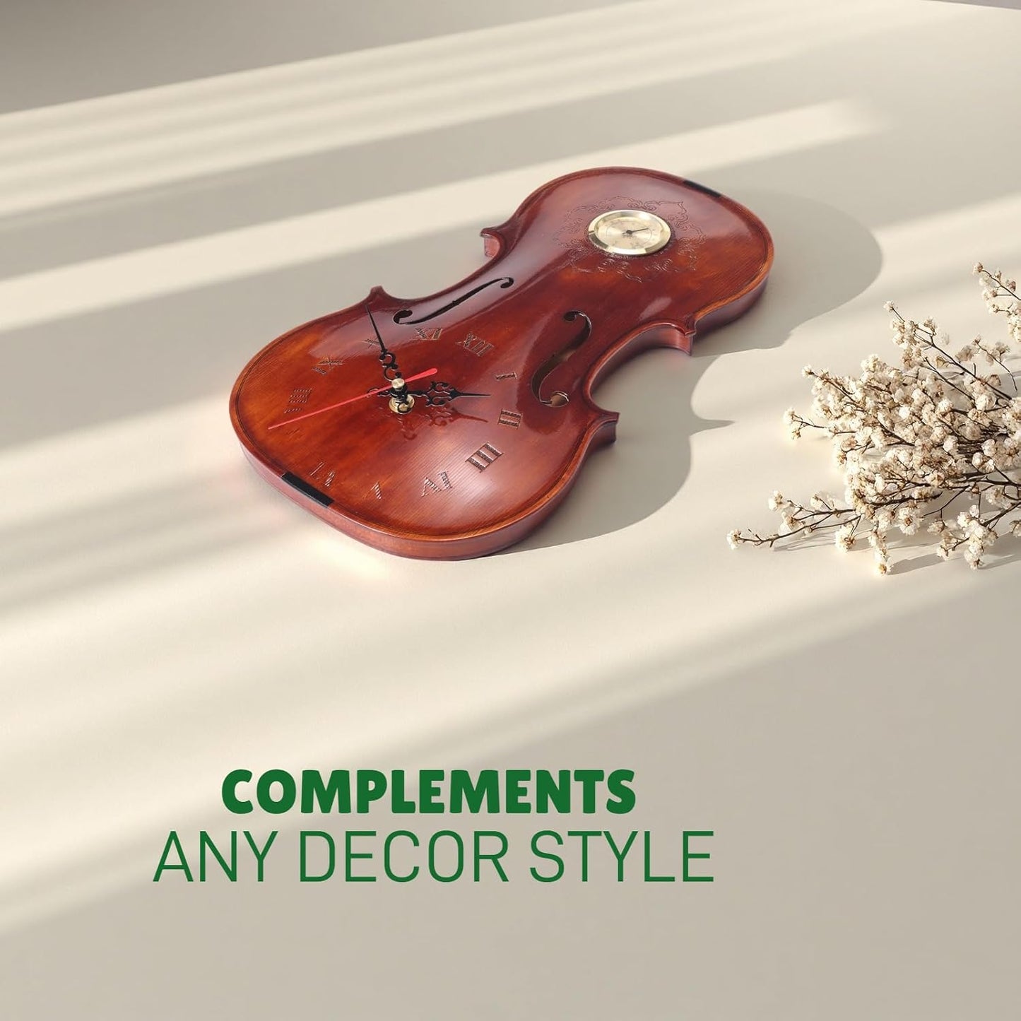 Handcrafted Solid Wood Violin Wall Clock with Thermometer & Hygrometer | Unique Musical Gift for Musicians, Mercury-Free Indoor Temperature Gauge, Analog Quartz Timepiece (Thermometer Clock)