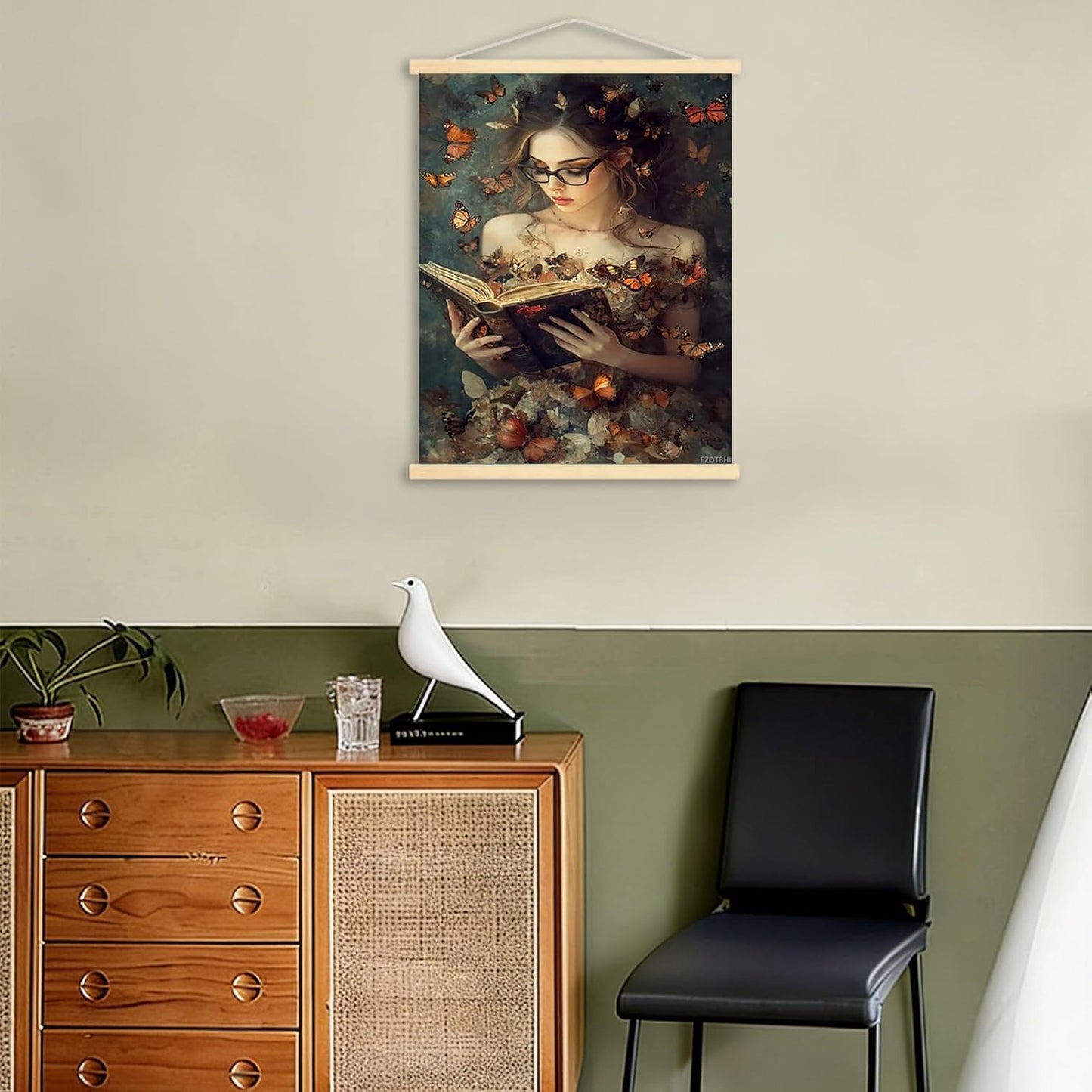 Reading Woman with Butterfly Canvas Wall Art, Dark Academy Picture Gothic College Aesthetic Wall Decor, Moody Victorian Female Scholar Poster Print, Bedroom Library Corner Bedroom Dorm, 12x16inch Framed