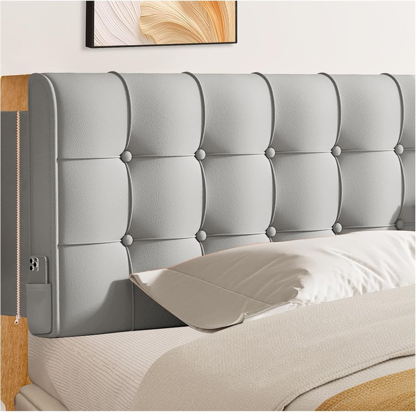 Twin Size Upholstered Headboard - High-Density Foam Gray Cushion, Peel and Stick Floating, Storage Pockets & Non-Slip Straps for Dorm, Rentals & Bedroom Decor