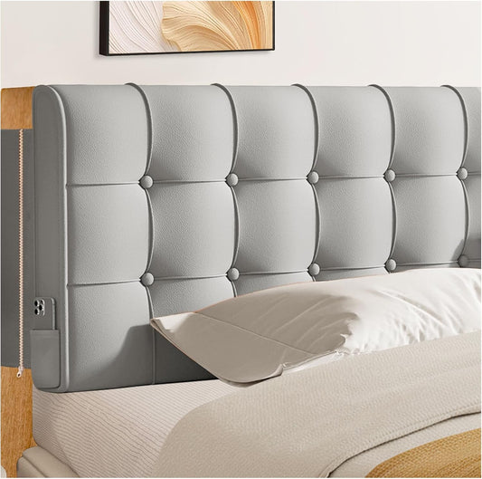 Twin Size Upholstered Headboard - High-Density Foam Gray Cushion, Peel and Stick Floating, Storage Pockets & Non-Slip Straps for Dorm, Rentals & Bedroom Decor