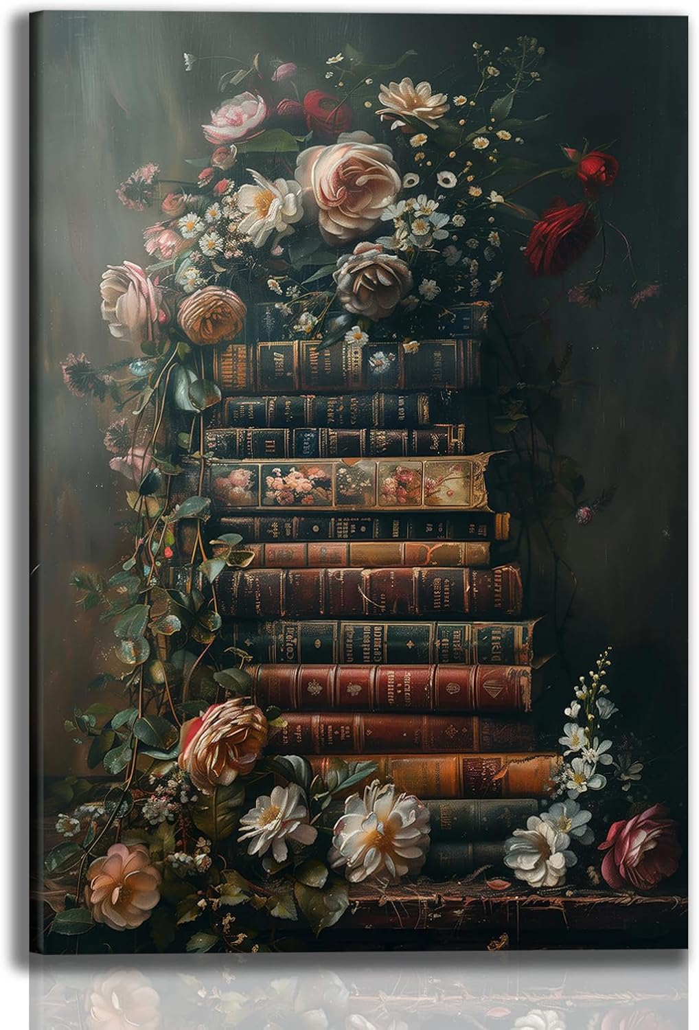 Framed Vintage Floral Wall Art Moody Flowers Books Art Painting Dark Wildflowers Academia Gallery Picture Print Wall Decor Rustic Country Canvas Decor for Living Room Office 12X16In