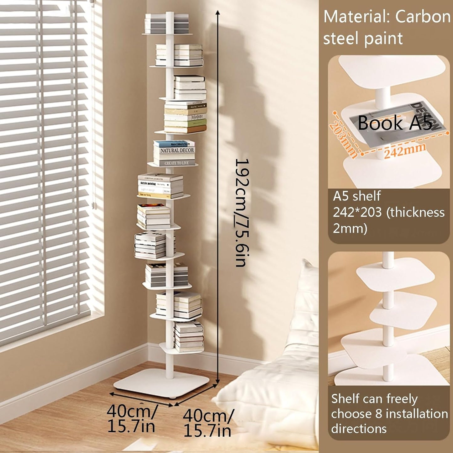 Vertical Bookshelf for Home，Simple Narrow Metal Bookshelf , Multipurpose Corner Bookshelf Tall , Narrow Ladder Bookcase Ideal Book Display，Narrow Ladder Bookcase,invisible Floating Bookshelf(192cm/72.
