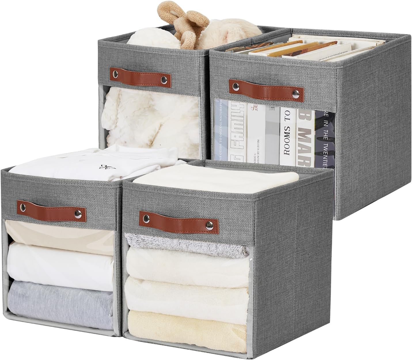 Storage Cube Organizer with Clear Window, Linen Collapsible Storage Boxes with PU Handles, Cube Storage Bins for Shelf, Closet, Cabinet, Bookcase (10.5x10.5x11, Gray)