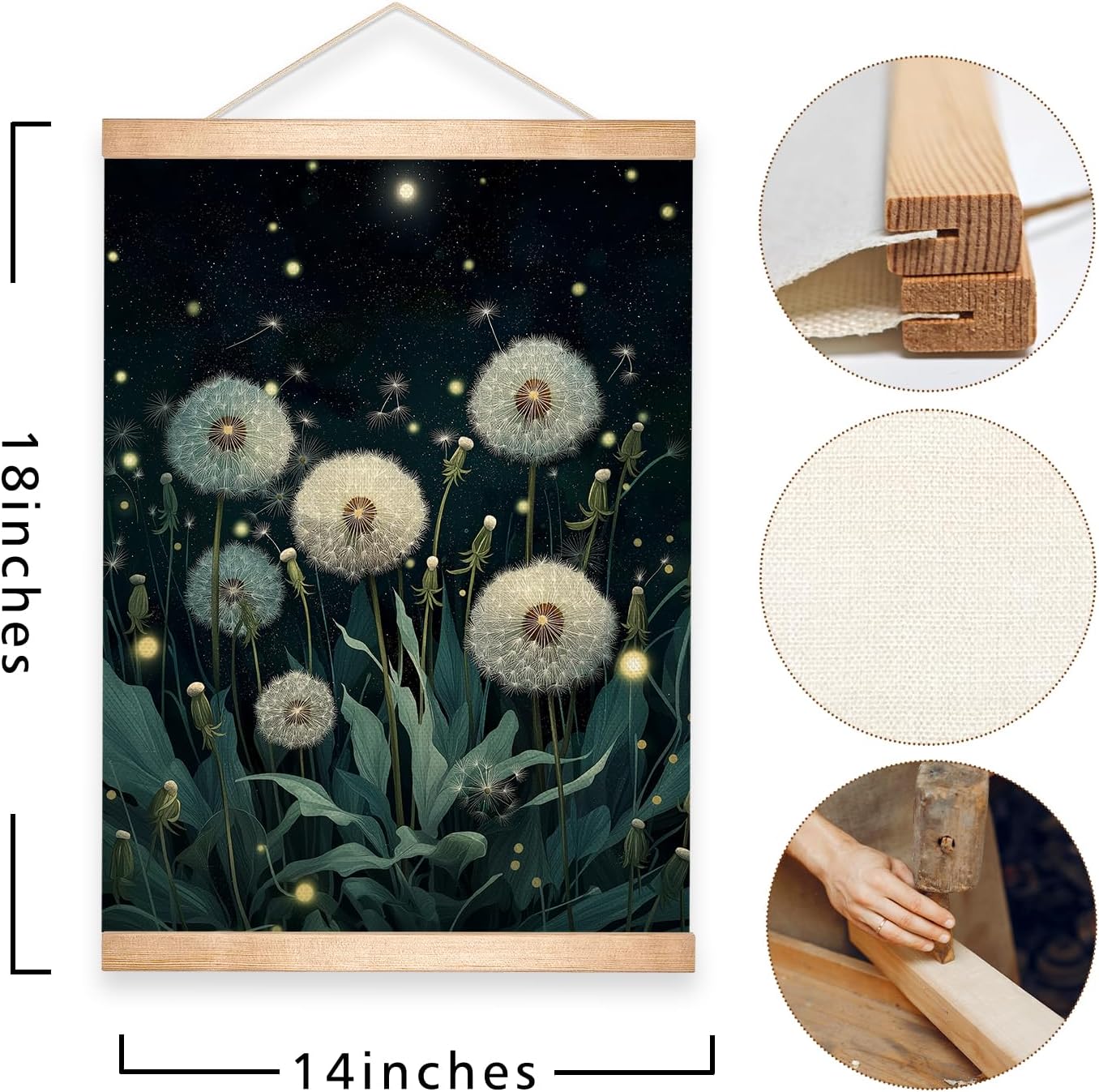 HEYJEEPER Dreamy Dandelion Wall Art, Night Botanical Firefly Linen Poster, Whimsical Nature Aesthetic Artwork Wall Hanging Decor for Living Room or Meditation Space,Calm Home Decor Gift 14x18inch (Dandelion)