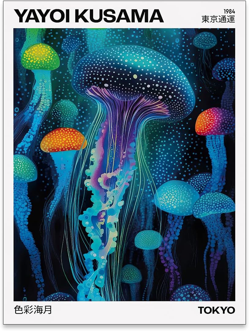 rumlud Colorful Ocean Jellyfish Wall Art Unique Japanese Animal Posters Yayoi Kusama Canvas Prints for Living Room Bedroom Wall Decor 12X16 inch Unframed