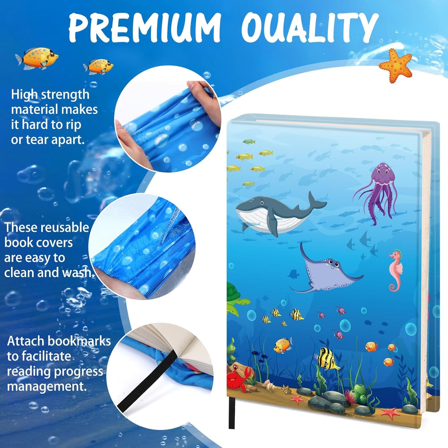 6 Pack Jumbo Stretchable Book Covers, Colorful Covers for Textbook Protection and Care, Washable Reusable Protective for Paperbacks Hardcover Books(Ocean,Blue,9-11inch)