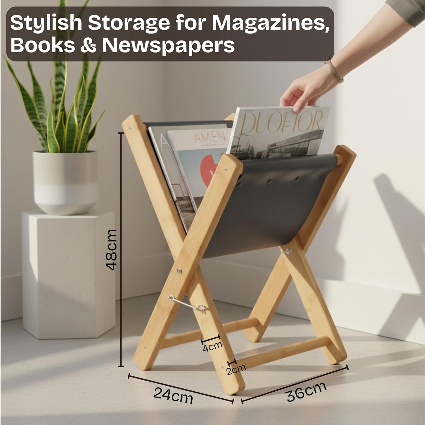 Premium Leather Magazine Holder - Wooden Magazine Rack Floor Standing - Brochure Holder and Book Display Stand - Modern Magazine File Holder & Newspaper Rack for Home, Bathroom, Office Decor