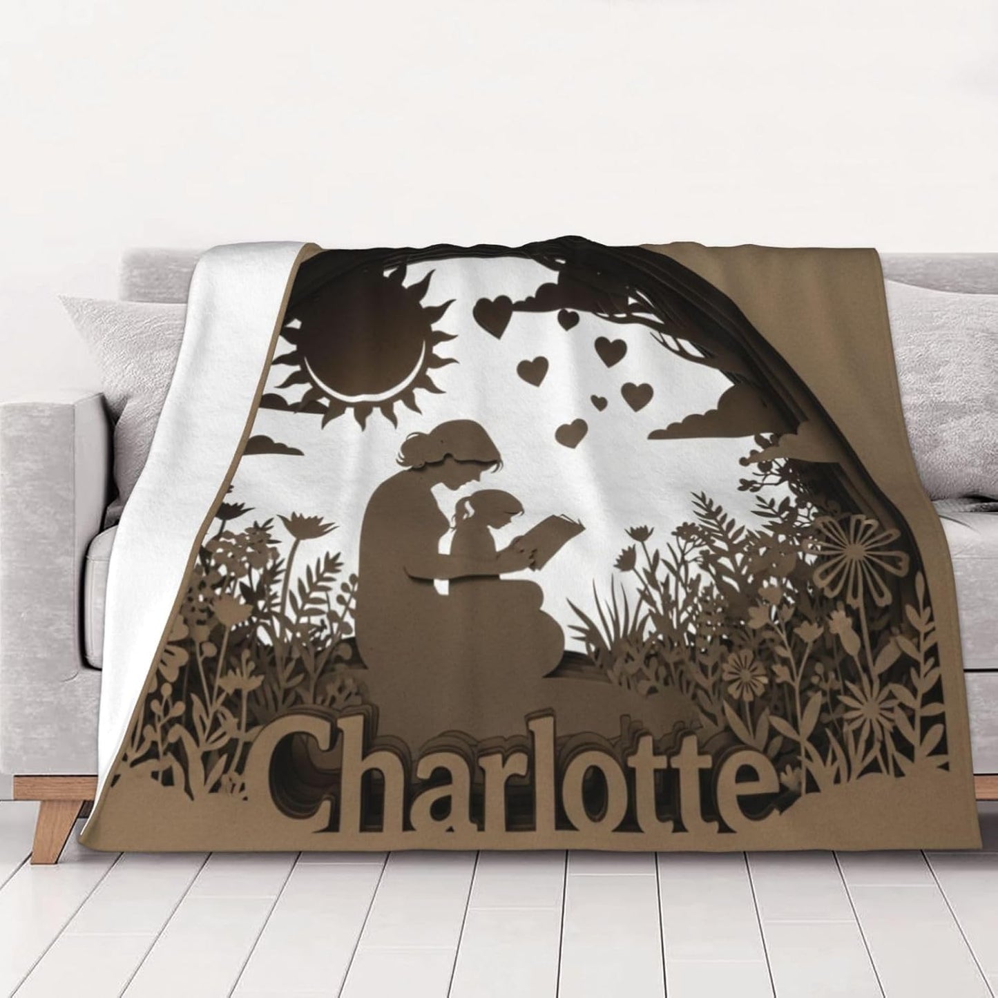 JugJug Personalized Mother Daughter Blanket with Custom Name - Cozy Fleece Throw Gift for Mom, Grandma - 3D Paper Cut Art Reading Silhouette - Sentimental Gift for Birthday, Mother's Day