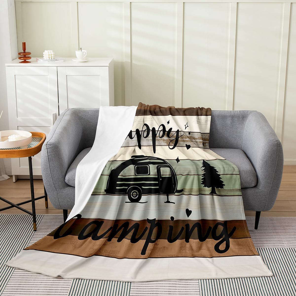 Feelyou Camper Plush Throw Blanket, Happy Camping All Season Bed Blanket, Rustic Wooden Brown White Flannel Fleece Blanket, Gift for Women Mom Wife, Throw 50"x60"