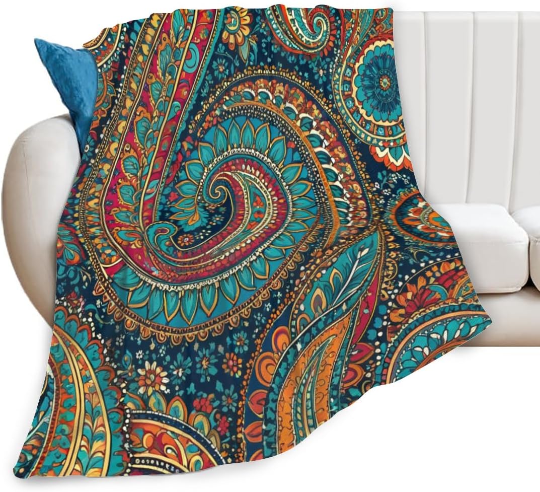 Decorative Throw Blanket for Couch Sofa Bed 50x60 – Soft Flannel Blanket Bedroom Living Room Colorful Aesthetic Paisley Pattern Print Floral Paisly Design