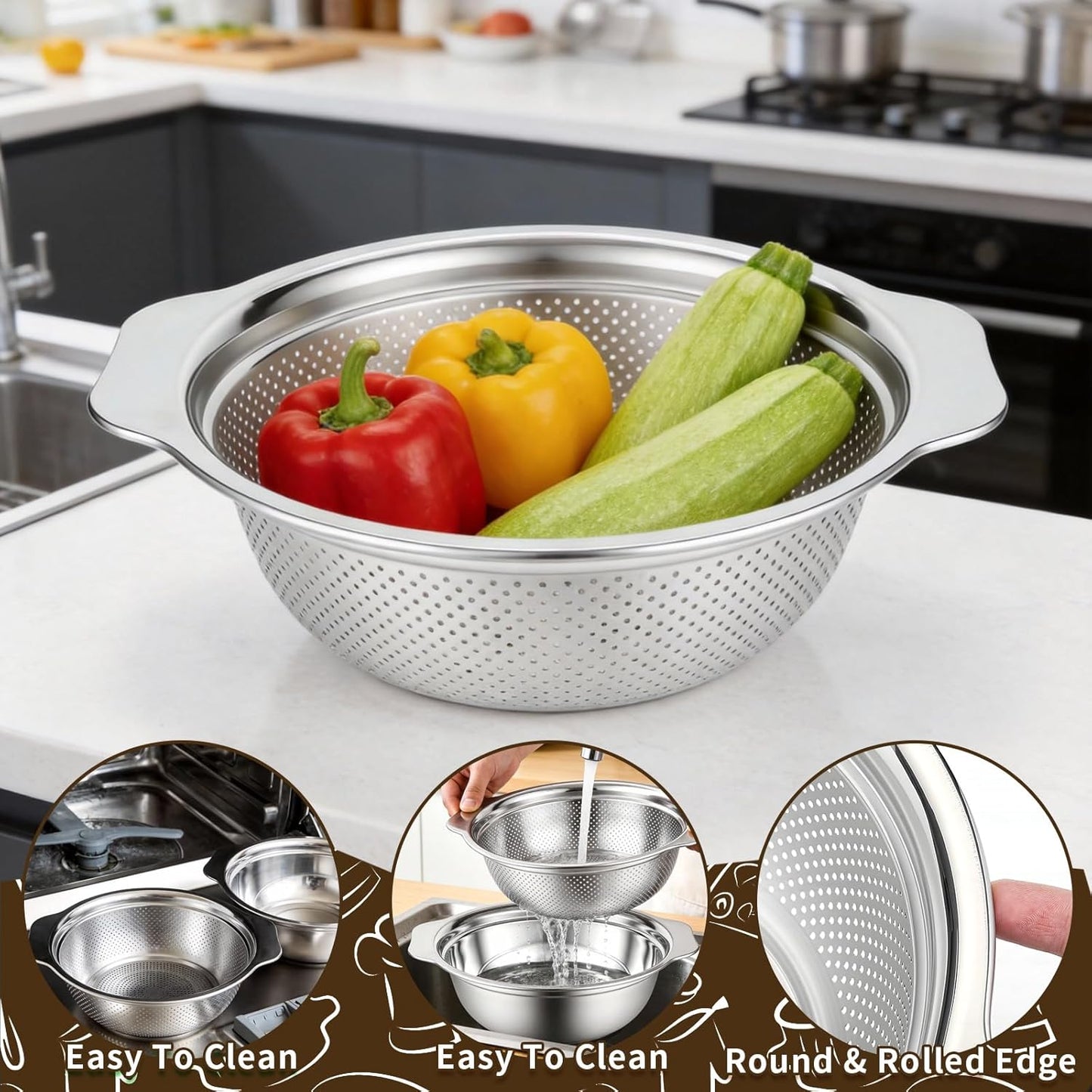 Stainless Steel Colander with Basin, 3 in 1 Multifunctional Drain Basket, 10.2 Inch Food Strainers, Fruit Washing Bowl Set, Strainer for Kitchen