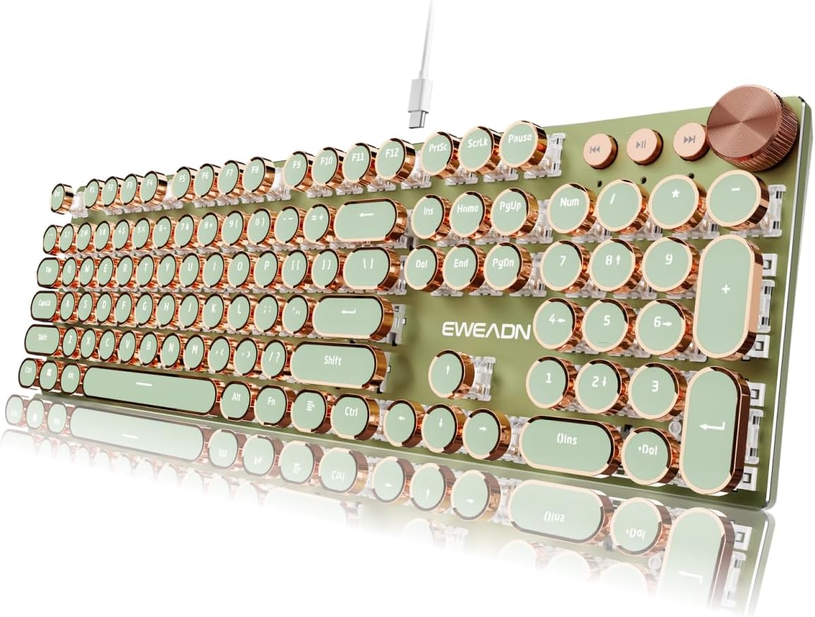 EWEADN Typewriter Style Mechanical Keyboard, Wired Typewriter Keyboards,104 Keys Backlit LED Metal Keyboards, Media Control Knob, Wired Computer Keyboard Pink Switch for Windows/Mac/PC-Green